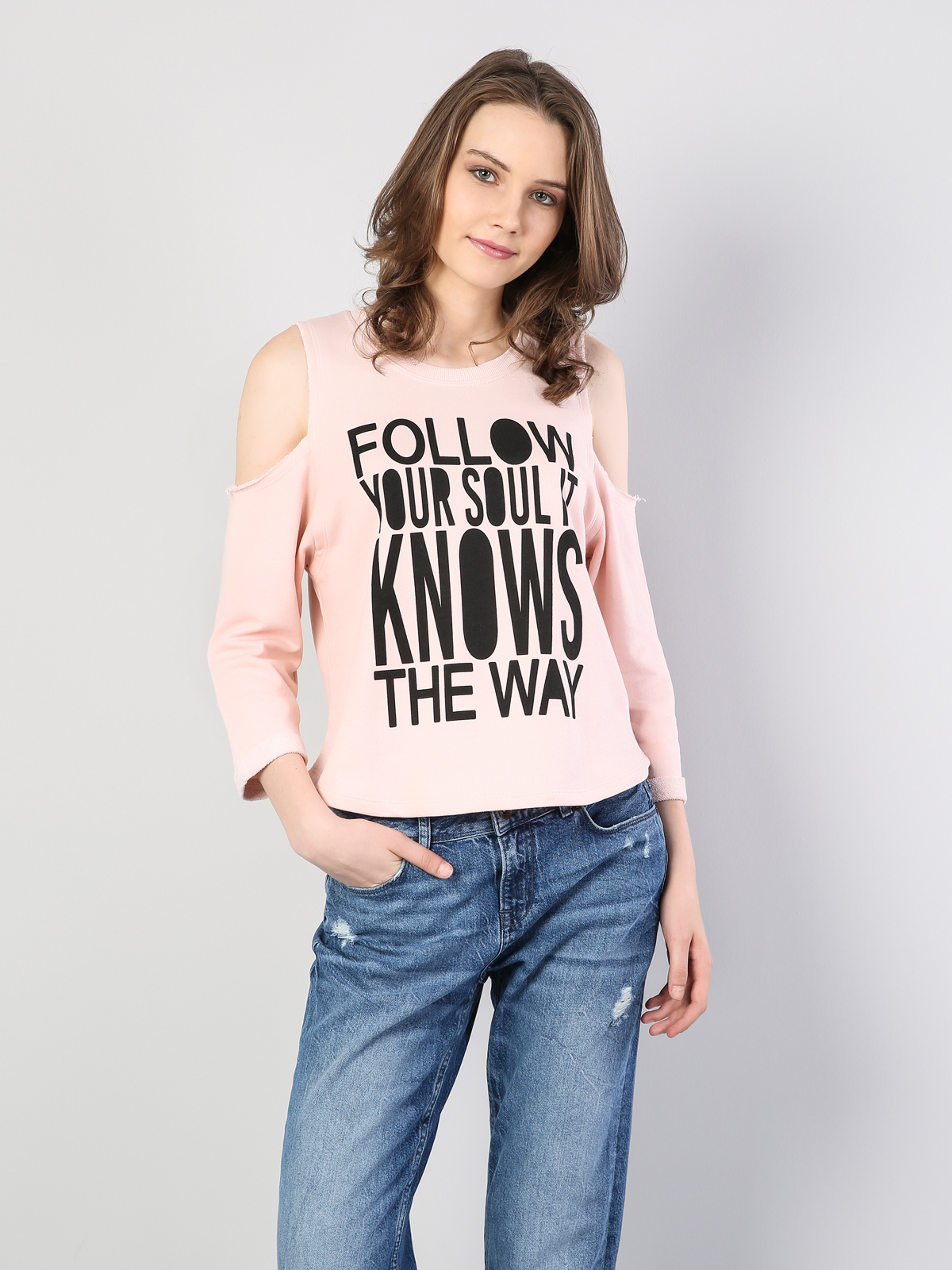 Pembe Omuz Dekolteli Baskılı Uzun Kol Sweatshirt