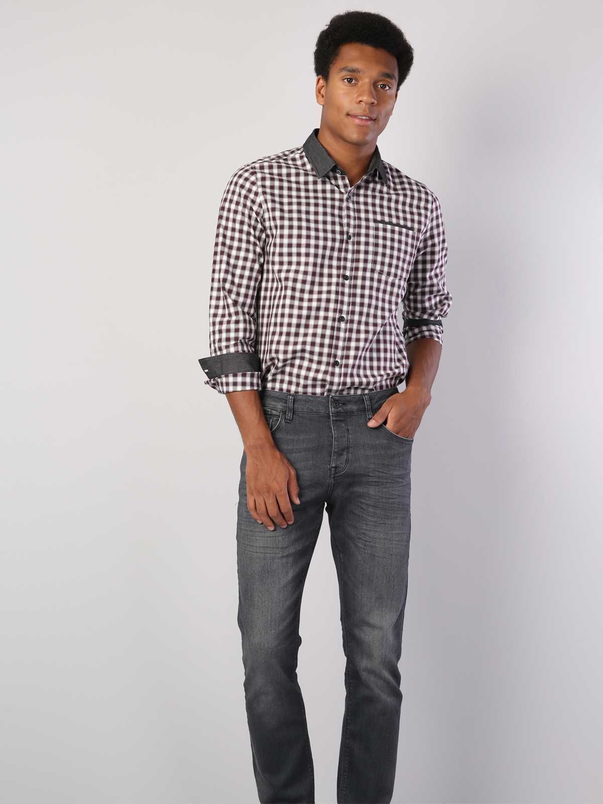 Slim Fit Placket Neck  Erkek Mor Kısa Kol Gömlek Cl1040558