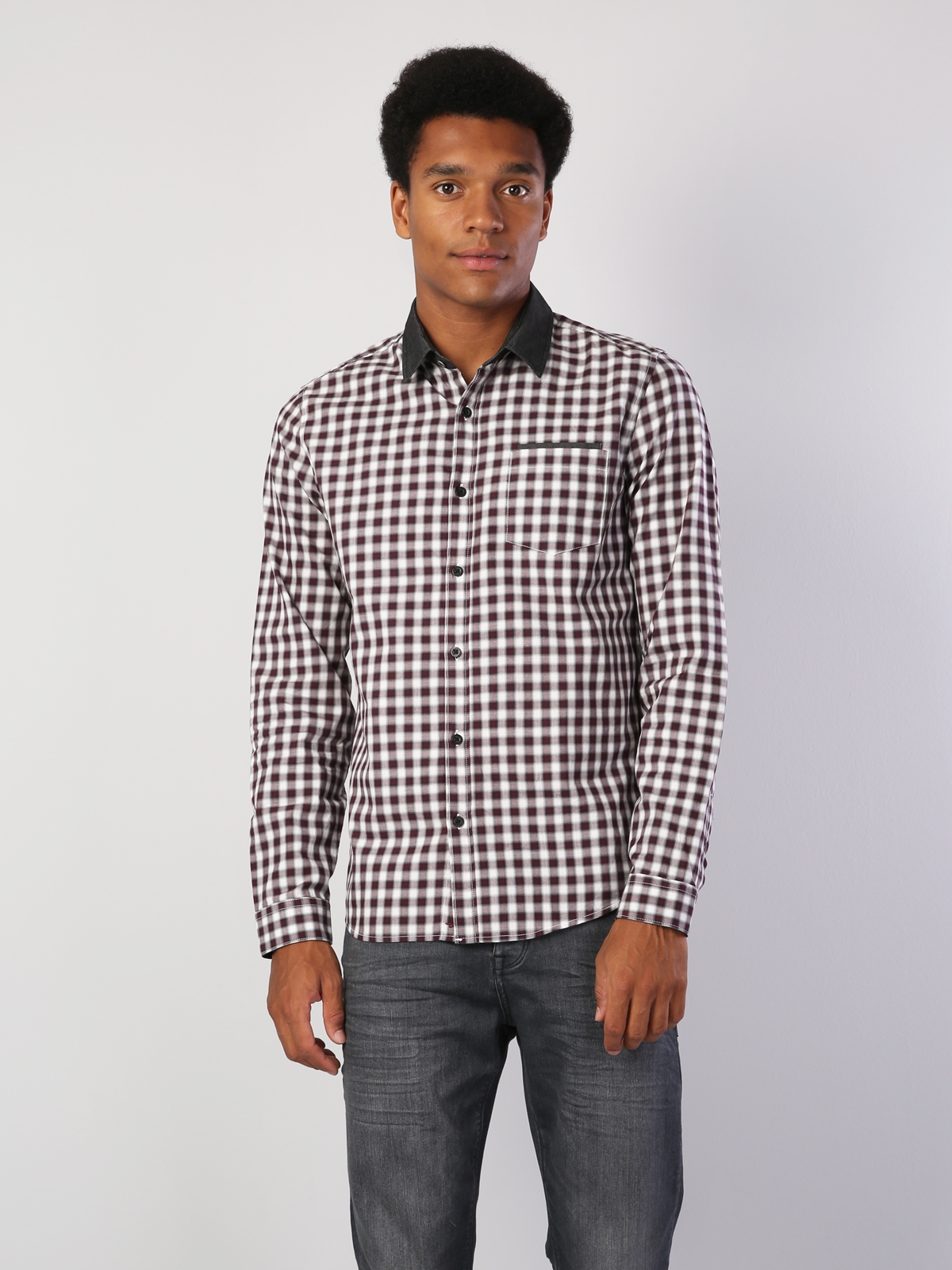 Slim Fit Placket Neck  Erkek Mor Kısa Kol Gömlek Cl1040558