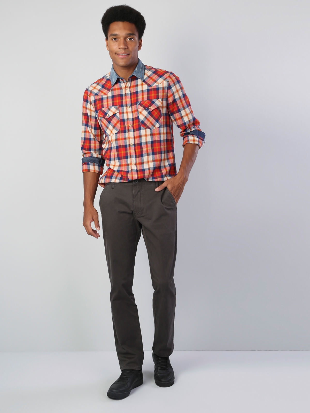  Modern Fit Shirt Neck Erkek Kiremit Uzun Kol Gömlek