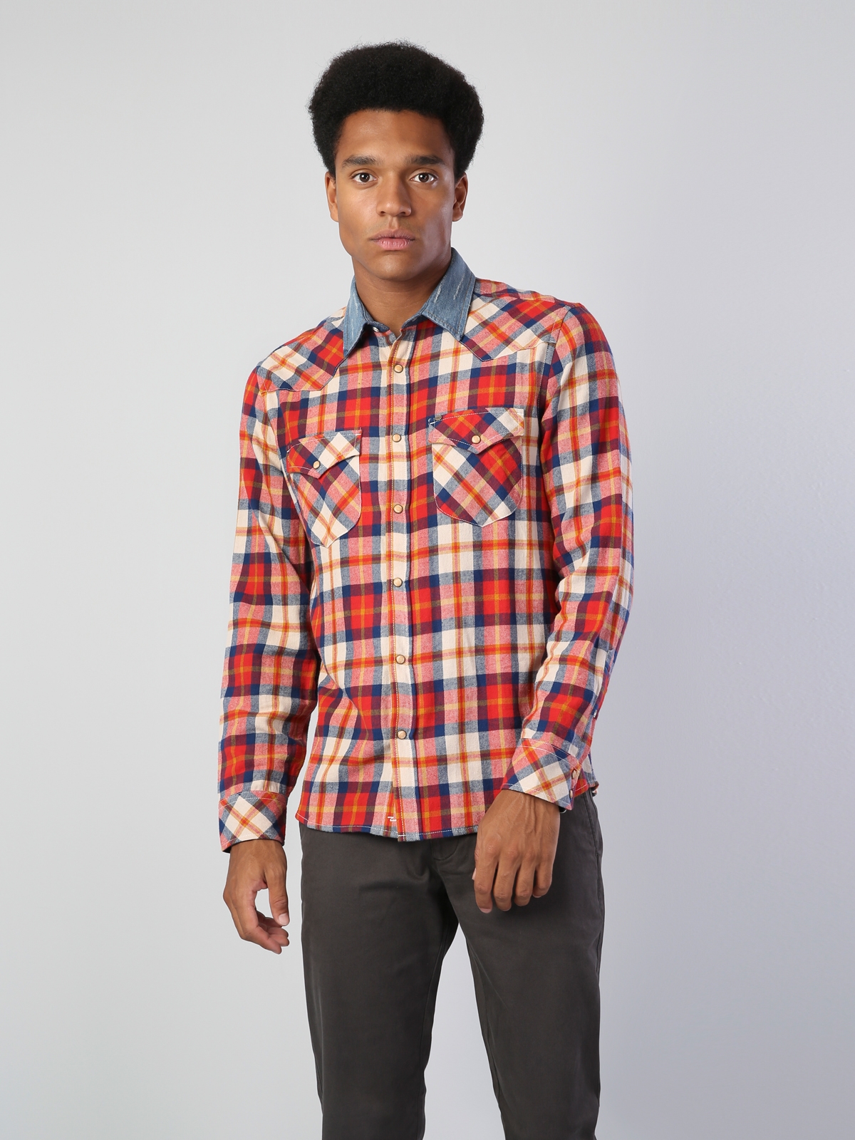  Modern Fit Shirt Neck Erkek Kiremit Uzun Kol Gömlek