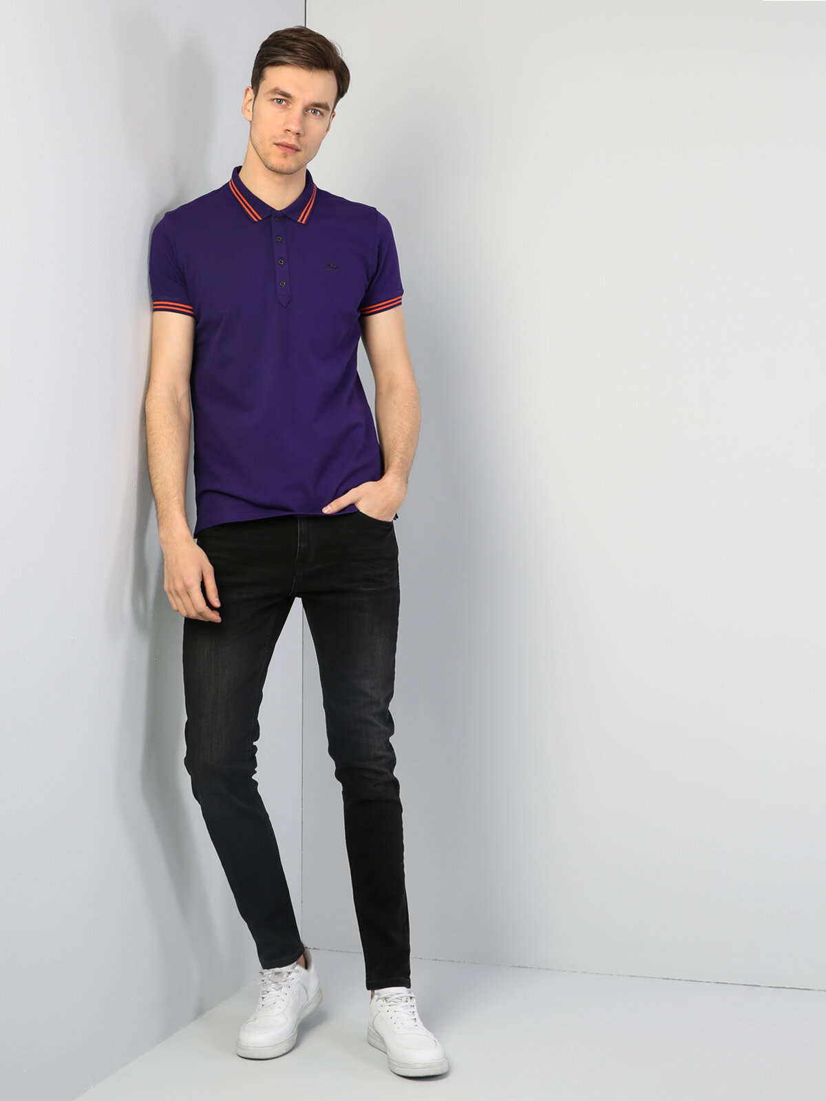 Slim Fit Polo Yaka  Erkek Mor Kısa Kol Tişört