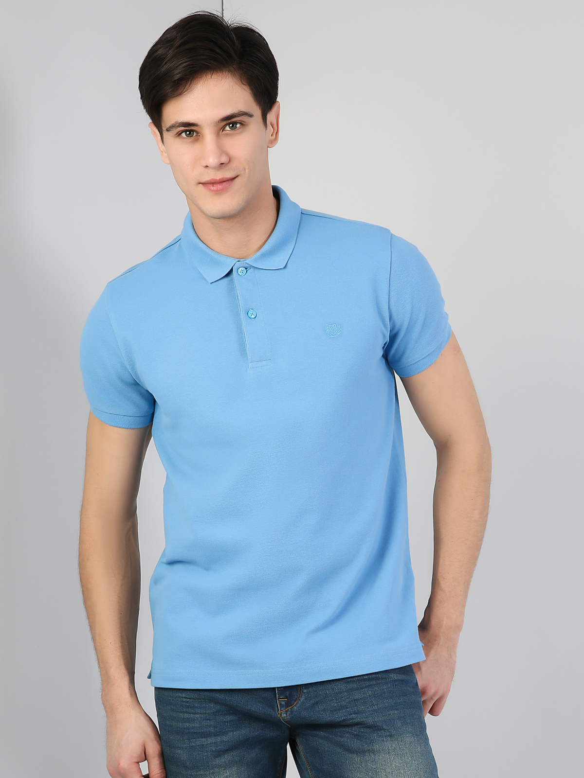 Classic Fit Polo Yaka Düz Erkek Mavi Kısa Kol Tişört