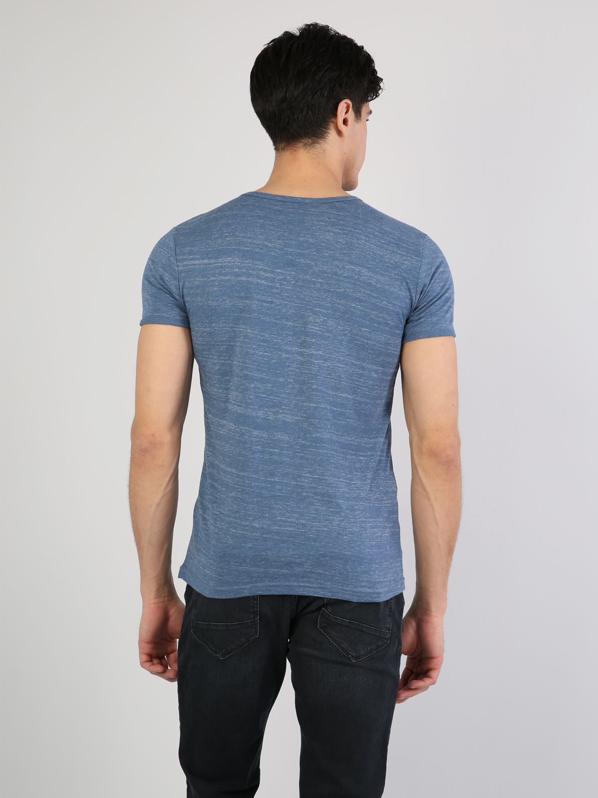 Slim Fit Yuvarlak Yaka  Erkek Mavi Kısa Kol Tişört Cl1032624