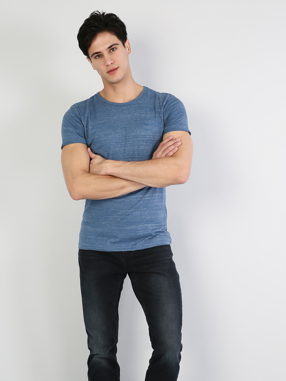 Slim Fit Yuvarlak Yaka  Erkek Mavi Kısa Kol Tişört Cl1032624