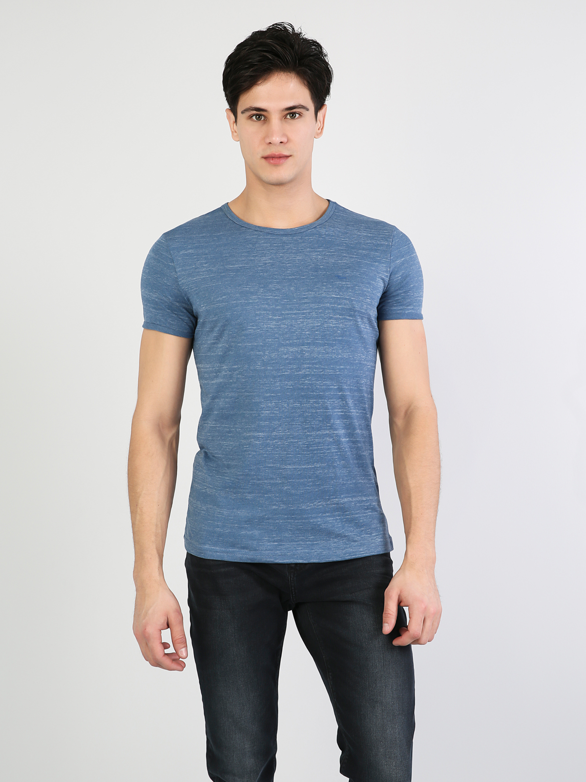 Slim Fit Yuvarlak Yaka  Erkek Mavi Kısa Kol Tişört Cl1032624