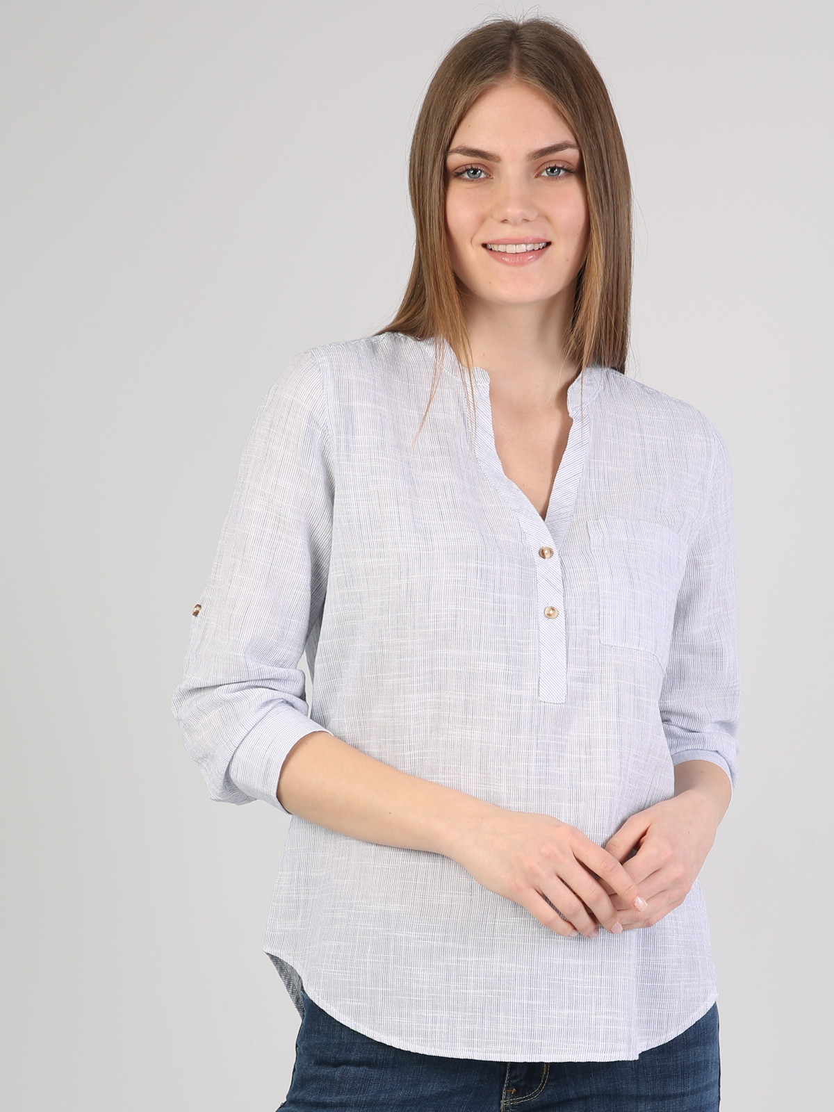 Regular Fit Hakim Yaka  Kadın Mavi Uzun Kol Gömlek Cl1042851