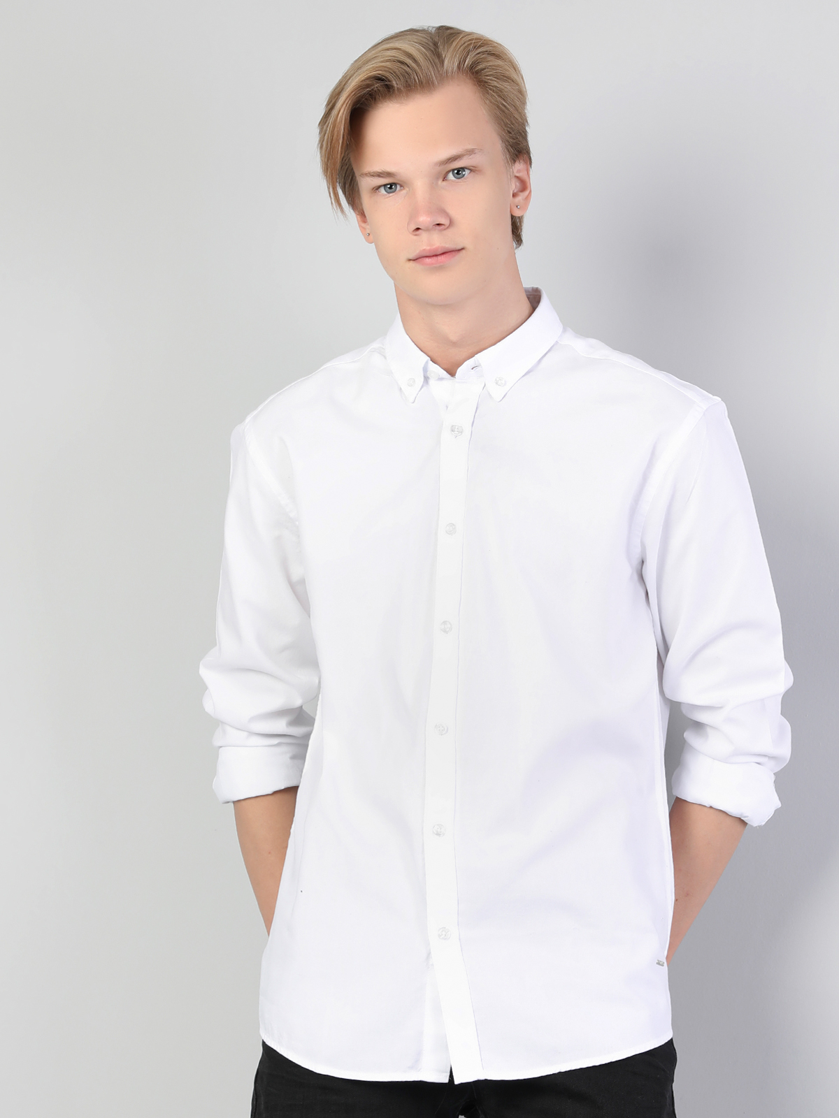 Colins  Regular Fit Shirt Neck Erkek Beyaz Uzun Kol Gömlek. 1