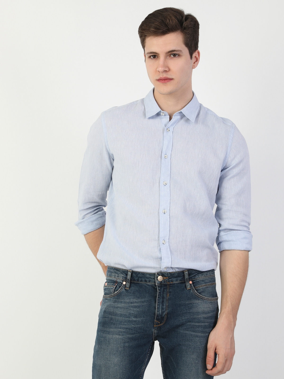 Colins  Slim Fit Shirt Neck Erkek Mavi Uzun Kol Gömlek. 1