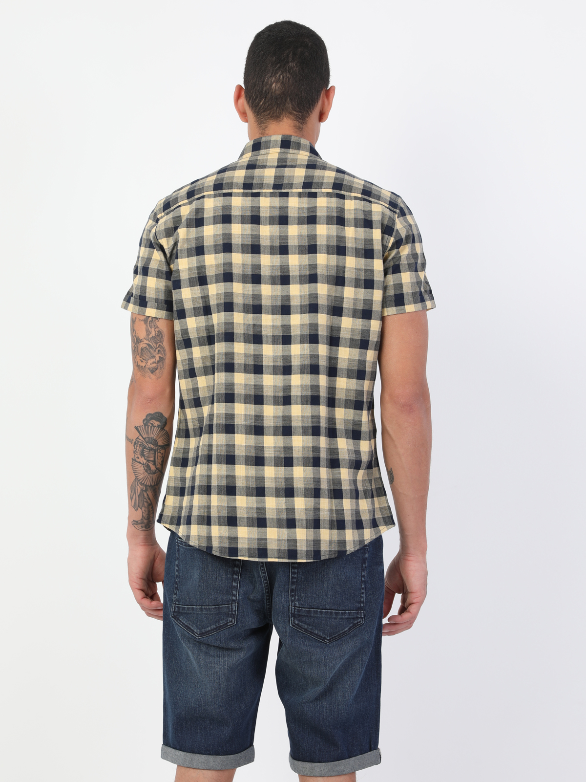 Slim Fit Shirt Neck Erkek Sarı Kısa Kol Gömlek