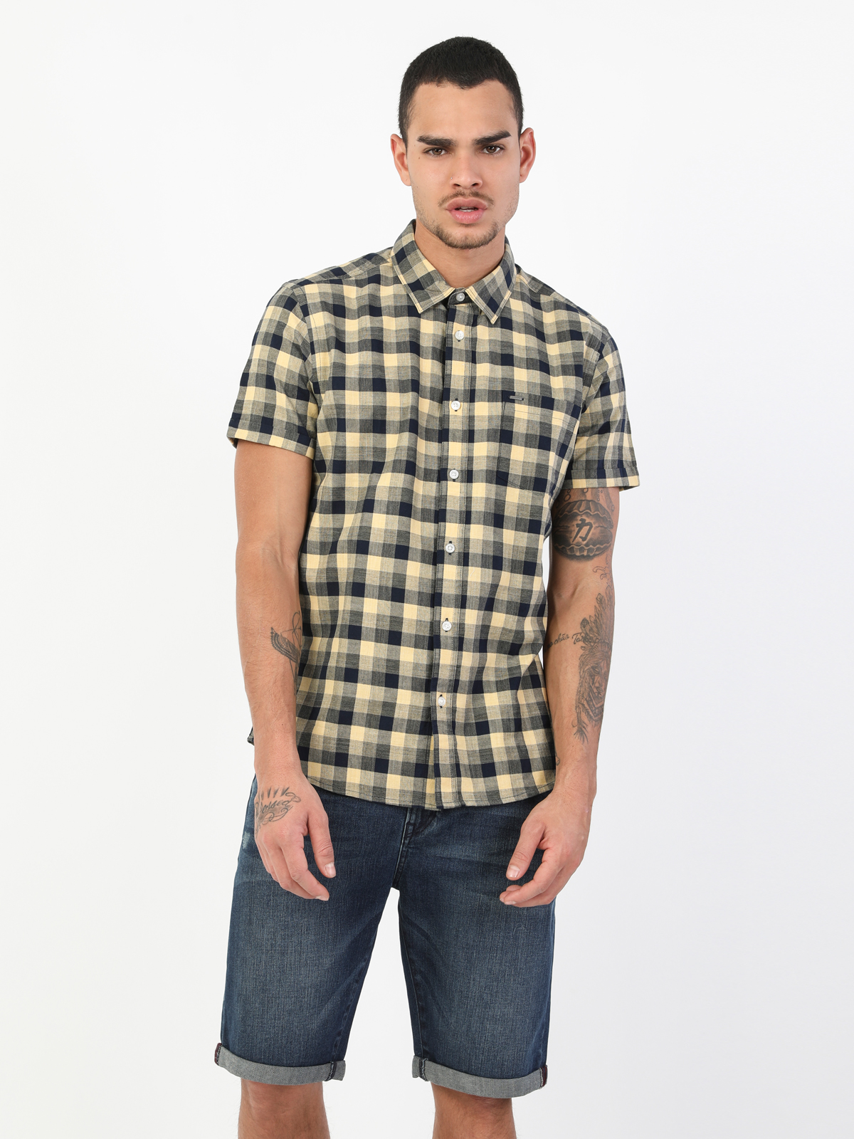 Slim Fit Shirt Neck Erkek Sarı Kısa Kol Gömlek