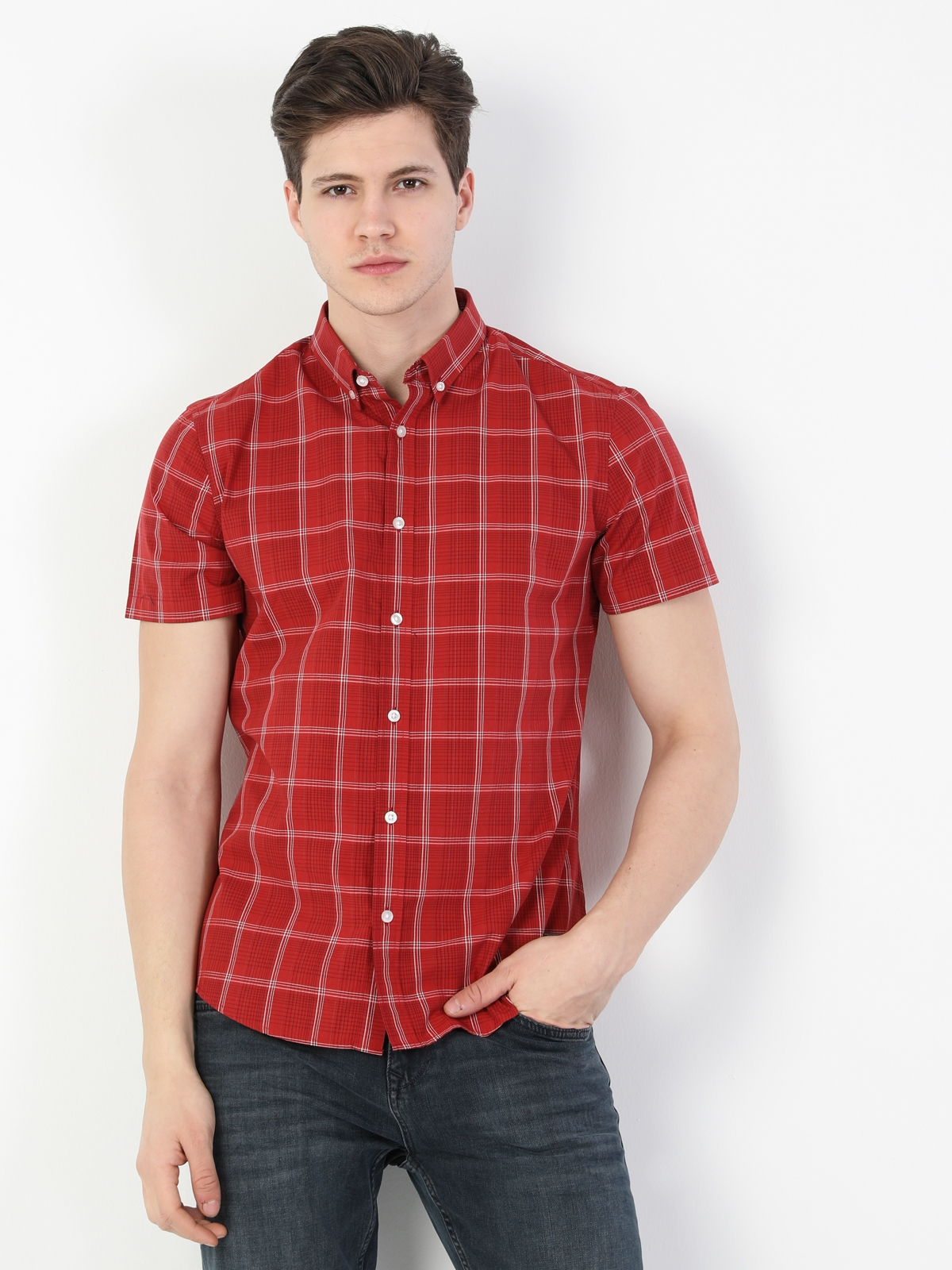 Colins Slim Fit Shirt Neck Erkek Kırmızı Kısa Kol Gömlek. 2
