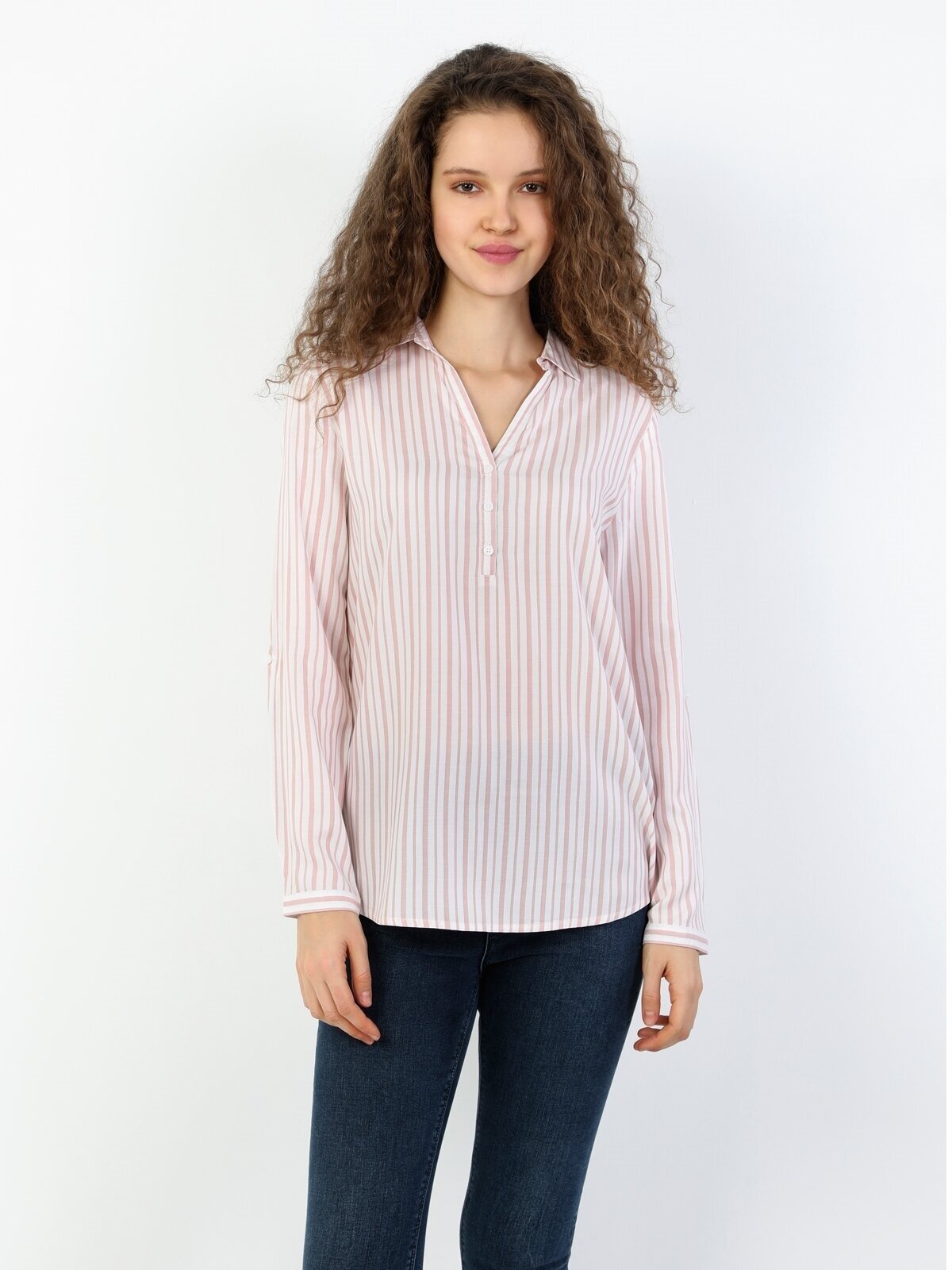 Regular Fit Shirt Neck Kadın Pembe Uzun Kol Bluz