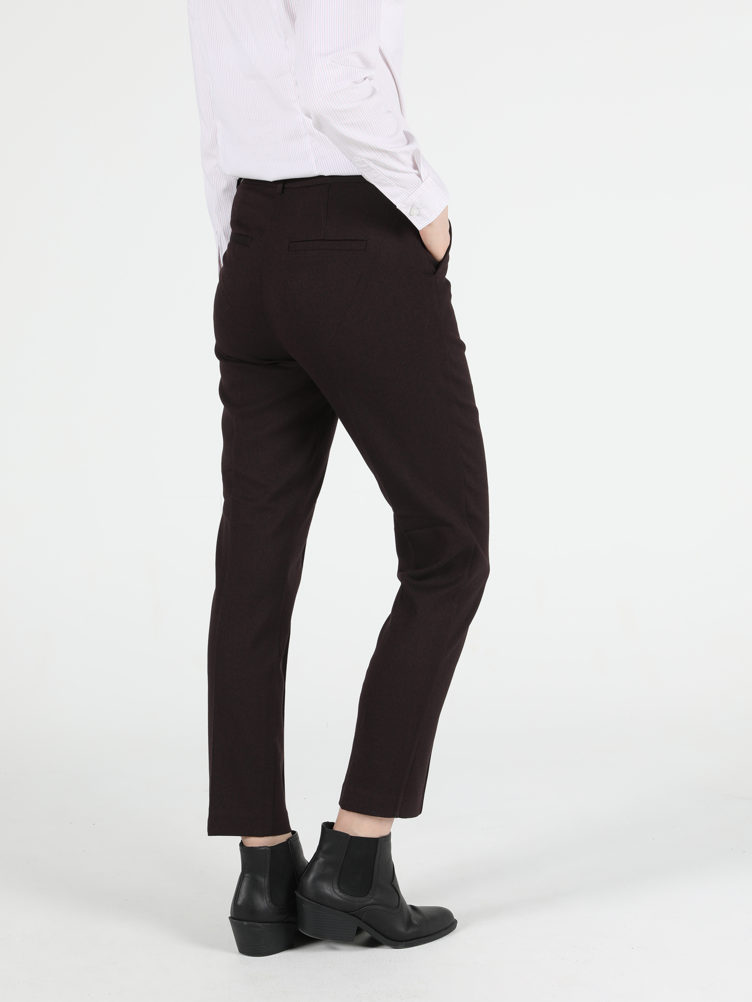 Slim Fit Orta Bel Düz Paça Kadın Bordo  Pantolon