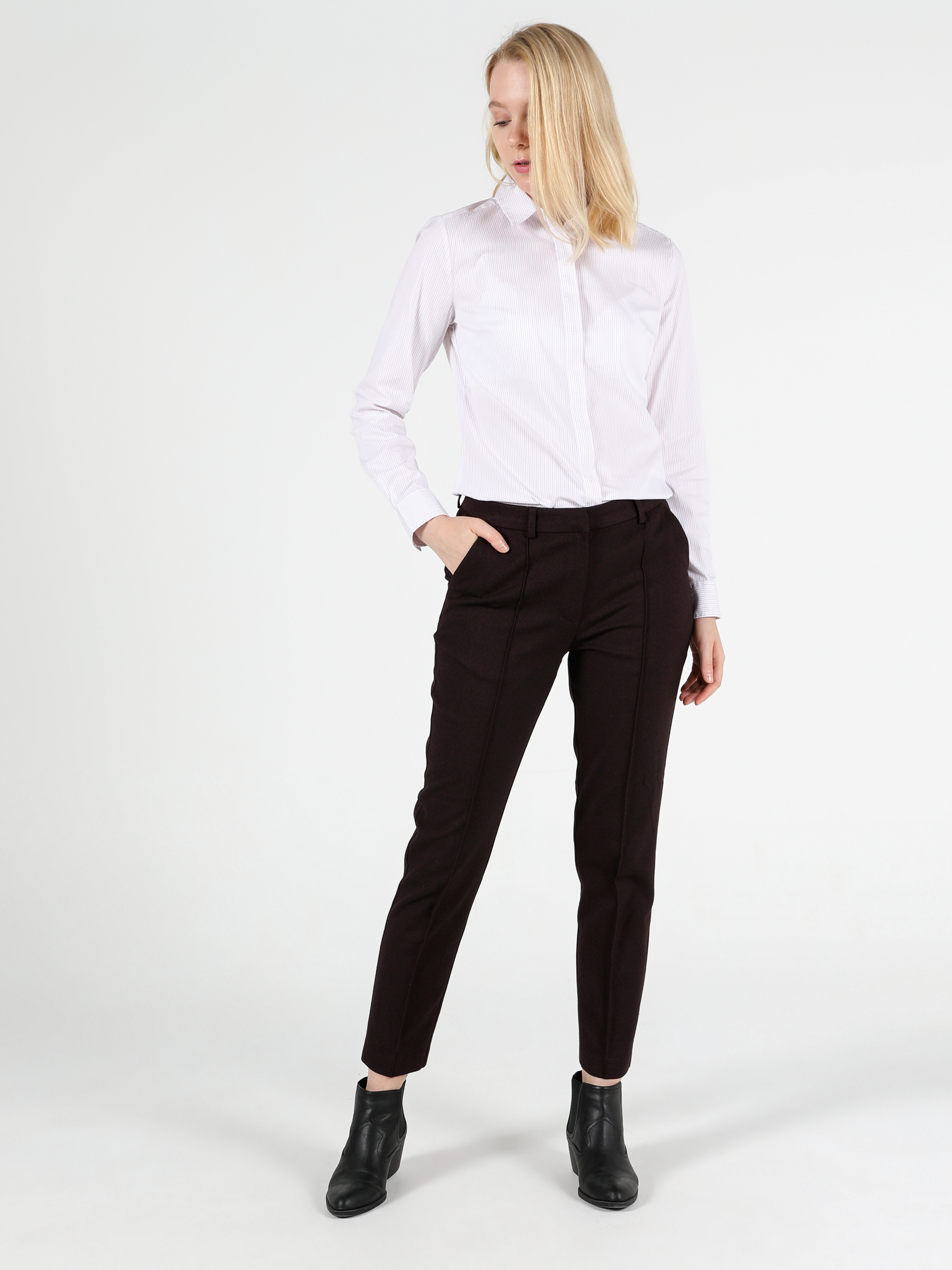 Slim Fit Orta Bel Düz Paça Kadın Bordo  Pantolon