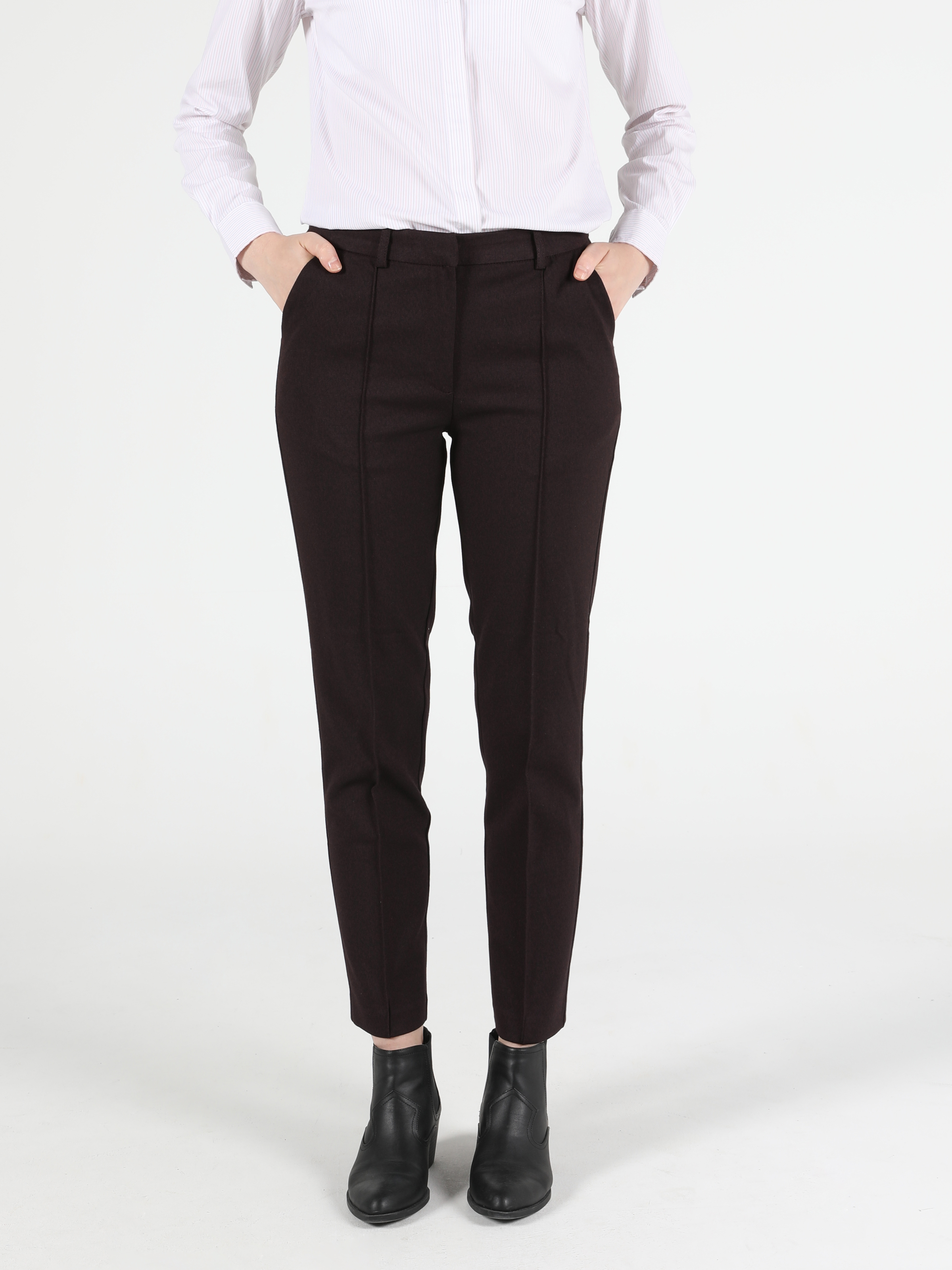 Slim Fit Orta Bel Düz Paça Kadın Bordo  Pantolon
