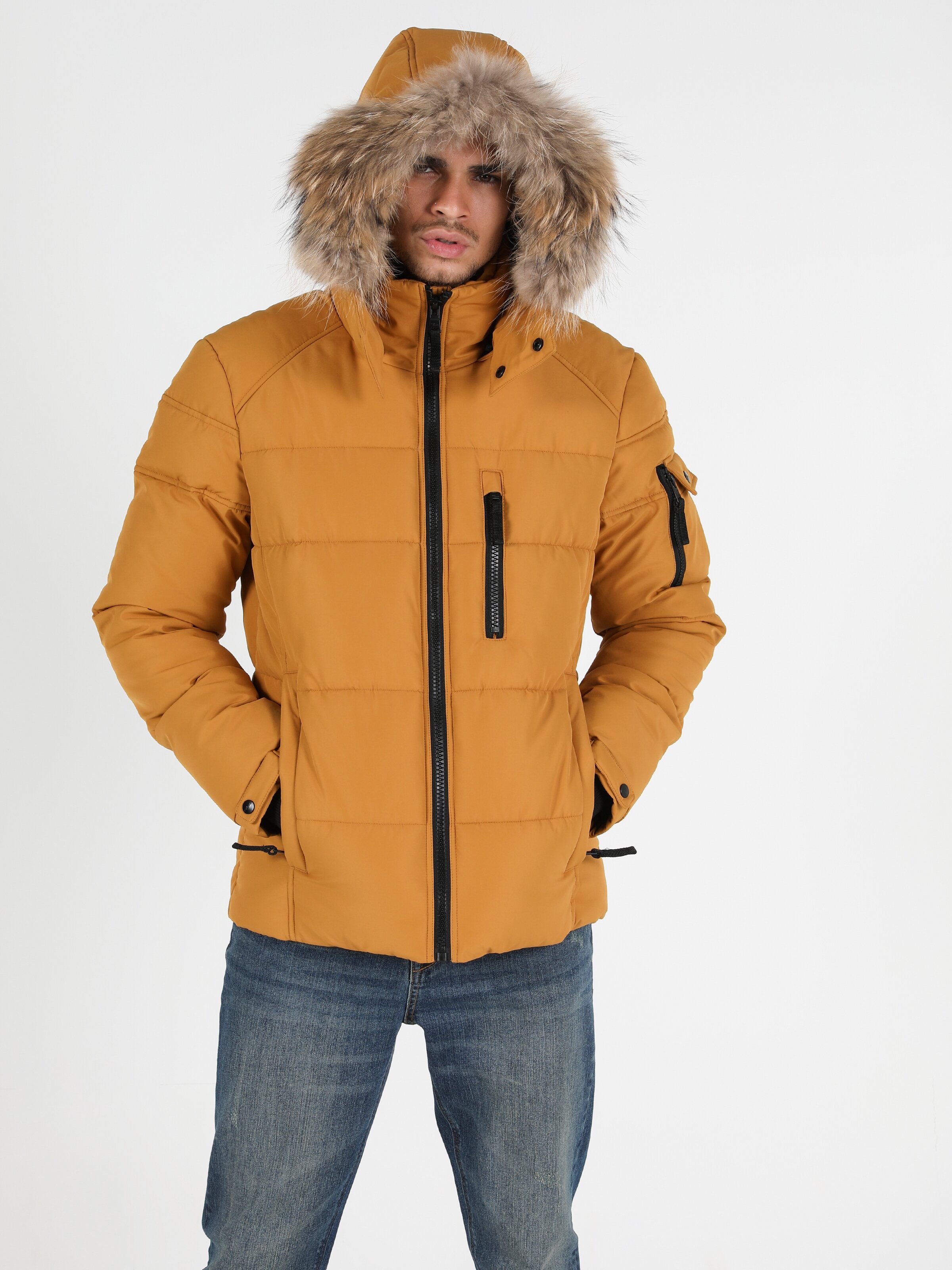  Regular Fit Kapüşonlu Erkek Sarı Mont