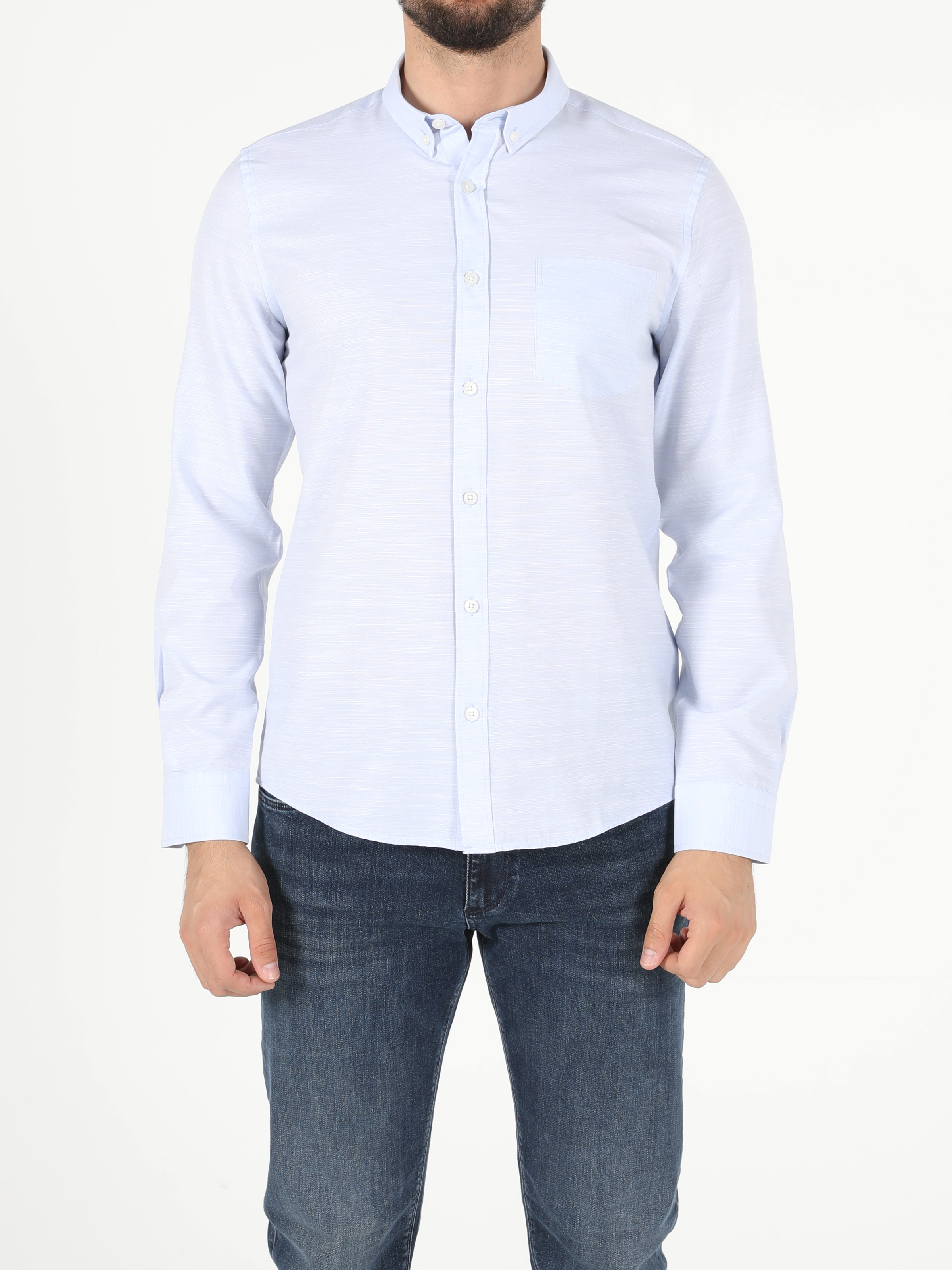 Colins  Slim Fit Shirt Neck Erkek Açık Mavi Uzun Kol Gömlek. 1