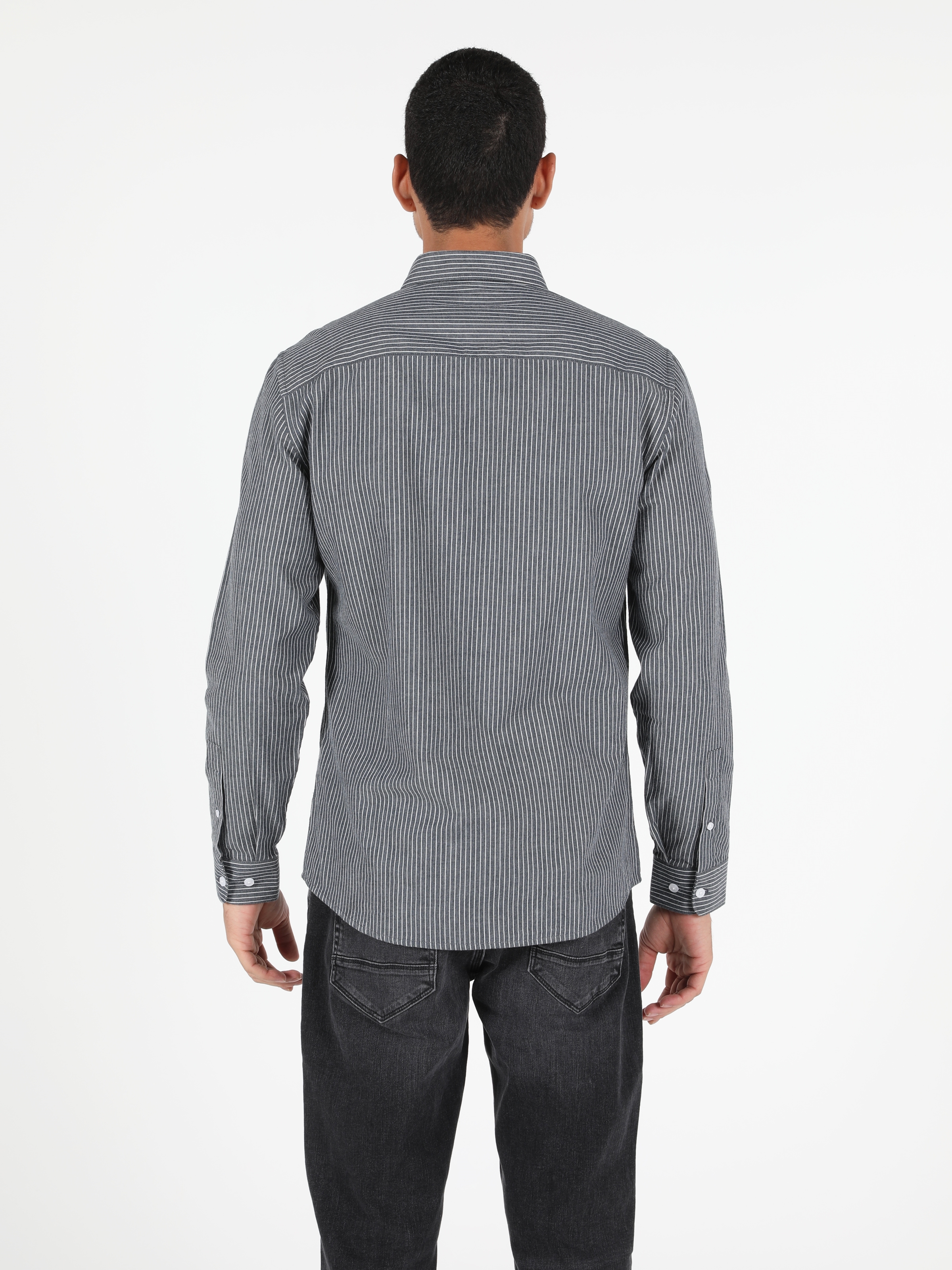 Slim Fit Shirt Neck  Erkek Gri Uzun Kol Gömlek