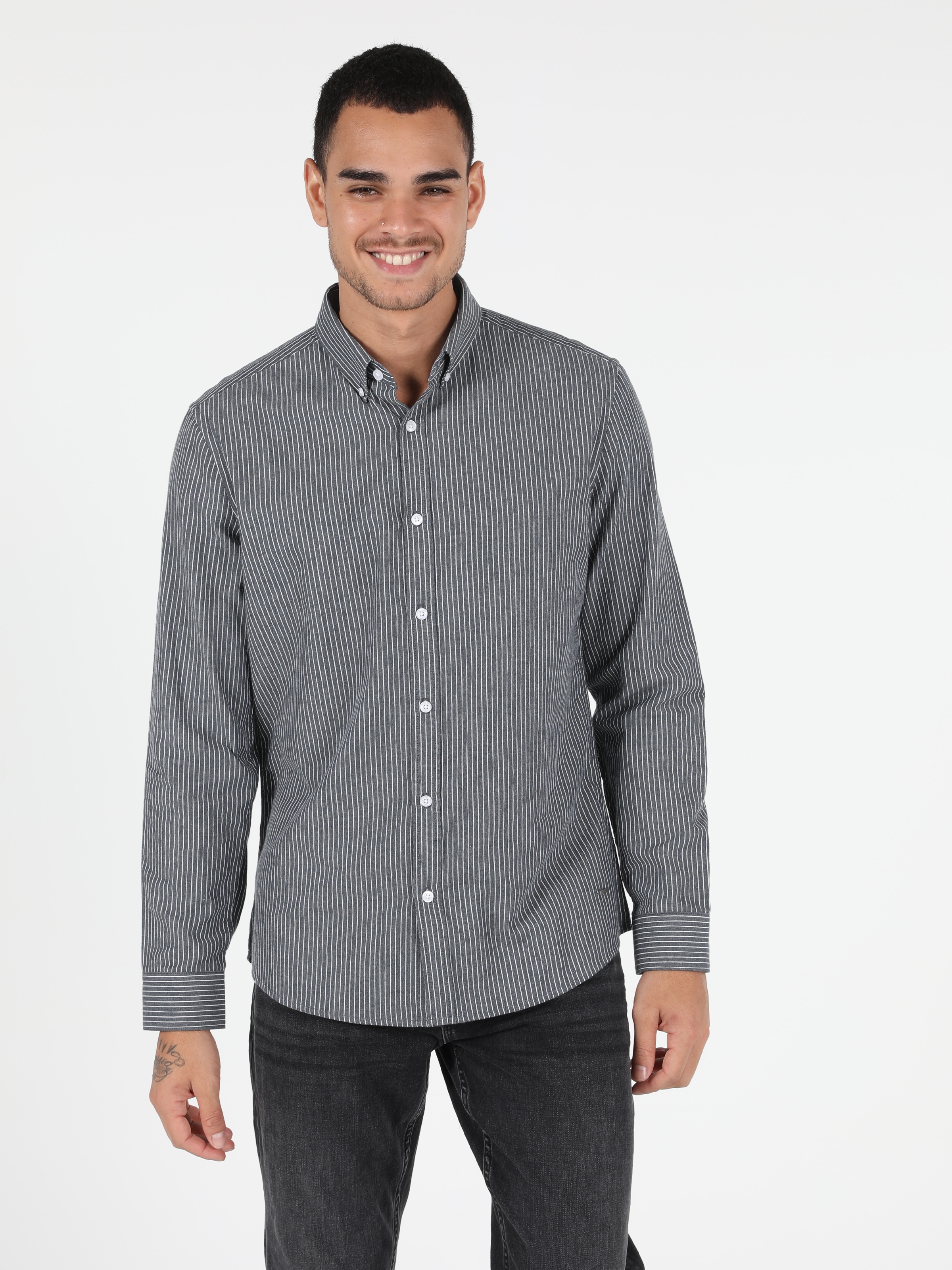 Slim Fit Shirt Neck  Erkek Gri Uzun Kol Gömlek