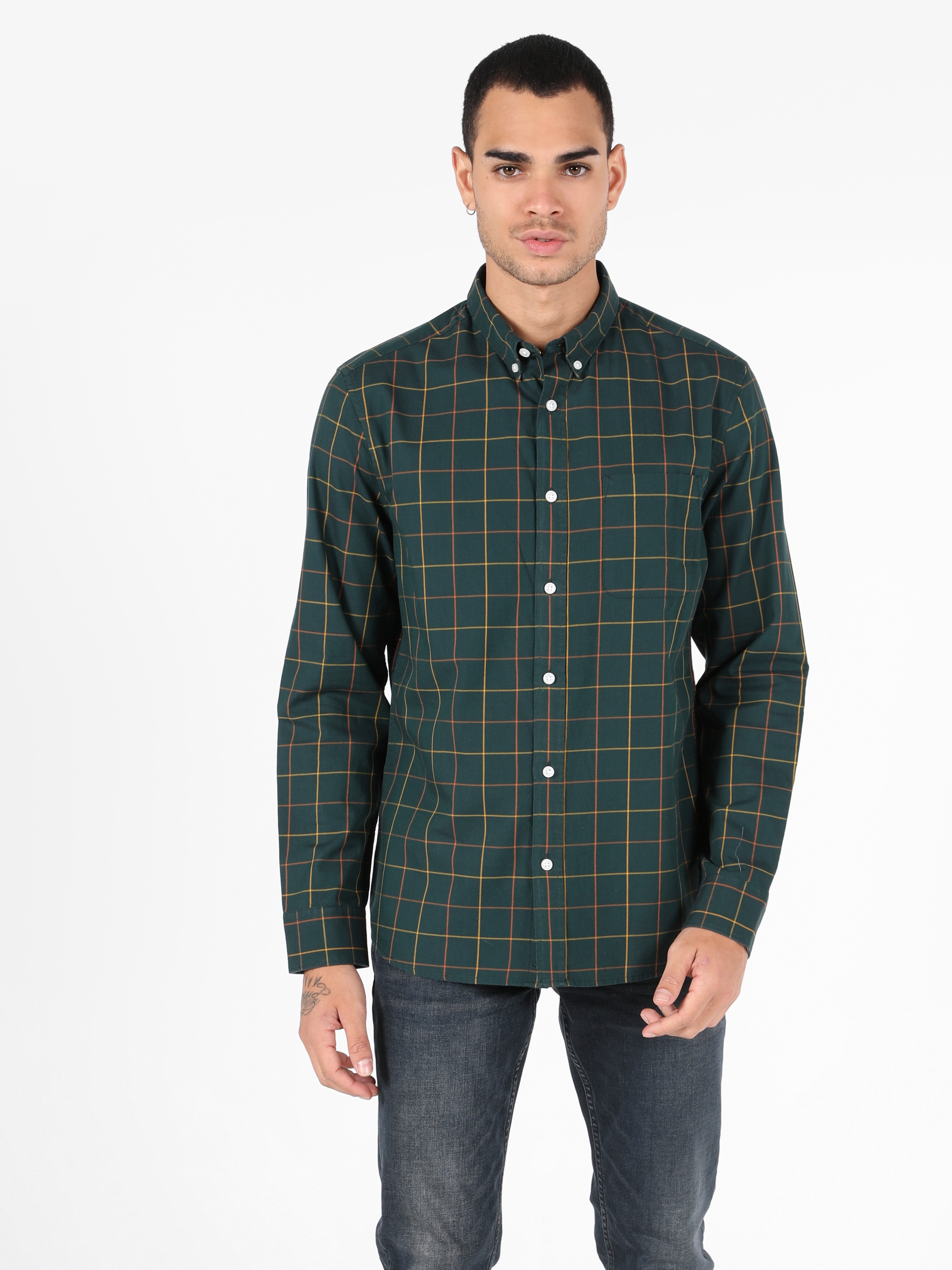 Colins  Slim Fit Shirt Neck Erkek Koyu Yeşil Uzun Kol Gömlek. 2