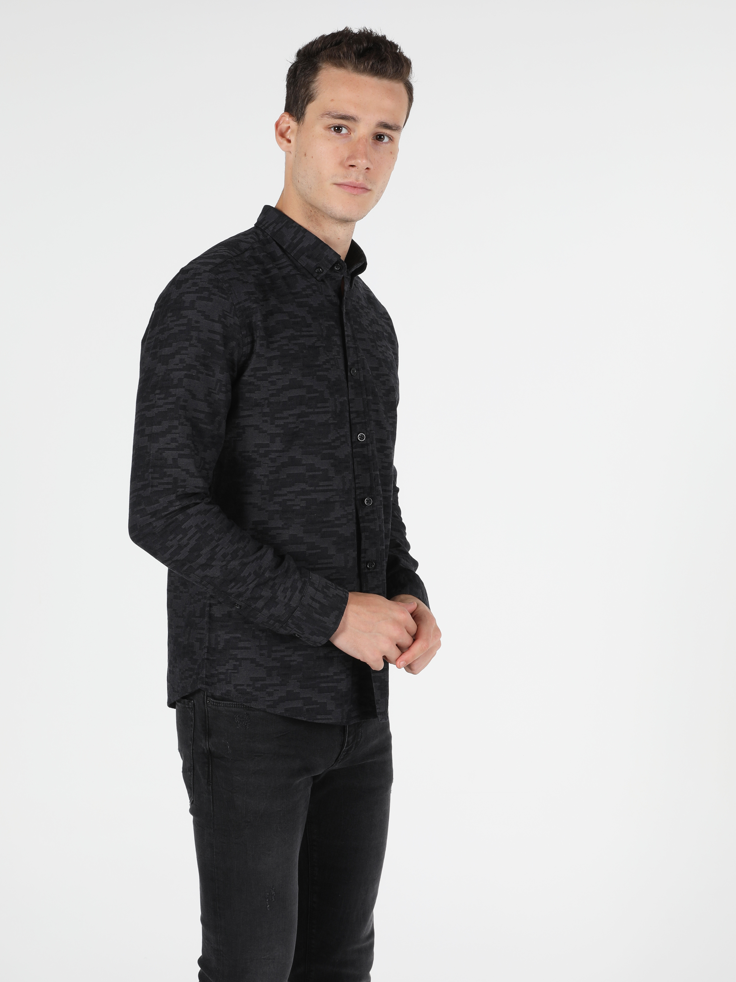 Colins  Slim Fit Shirt Neck Erkek Siyah Uzun Kol Gömlek. 1