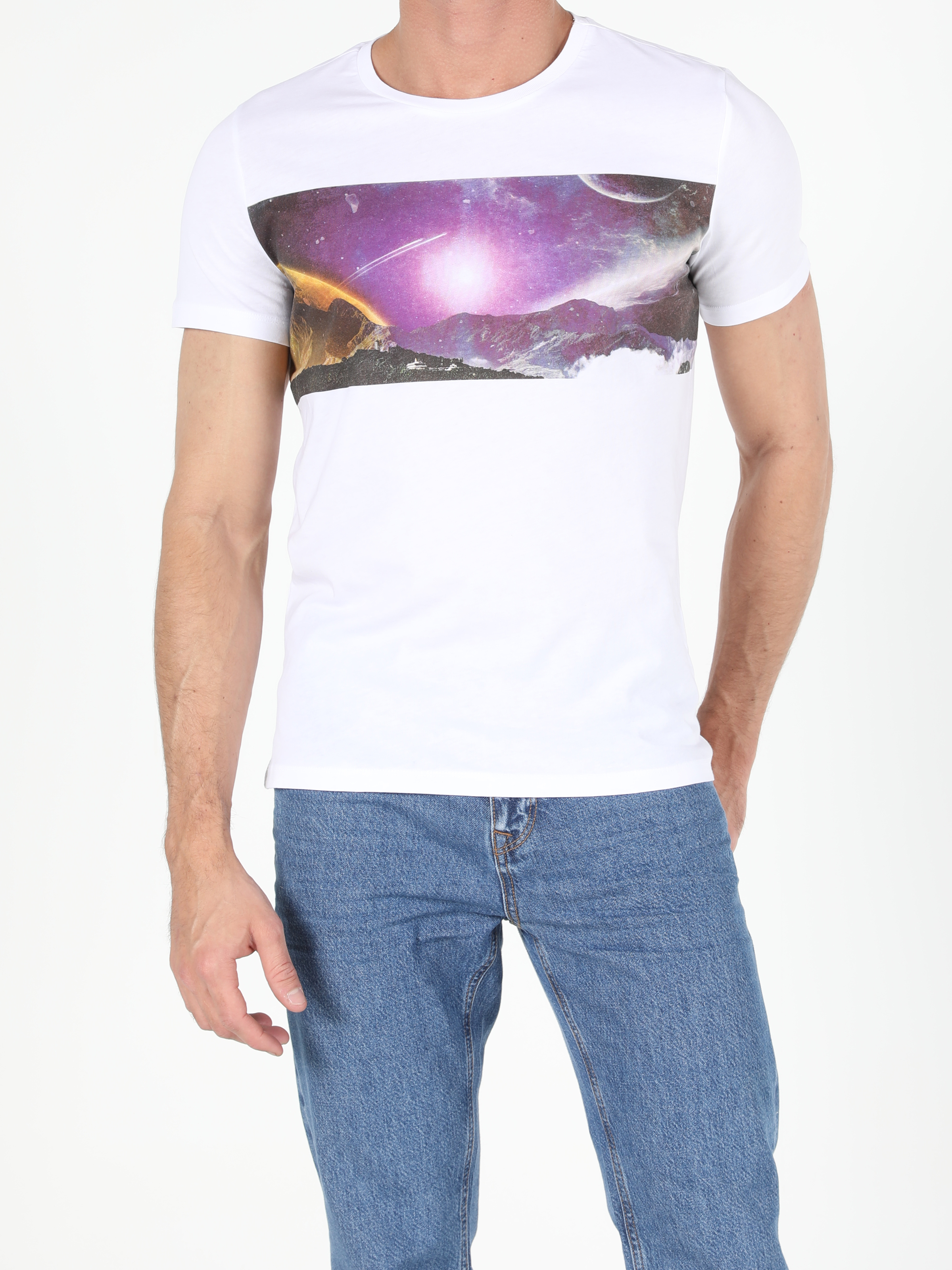 Regular Fit Bisiklet Yaka Örme Erkek Beyaz Kısa Kol Tişört Cl1052483