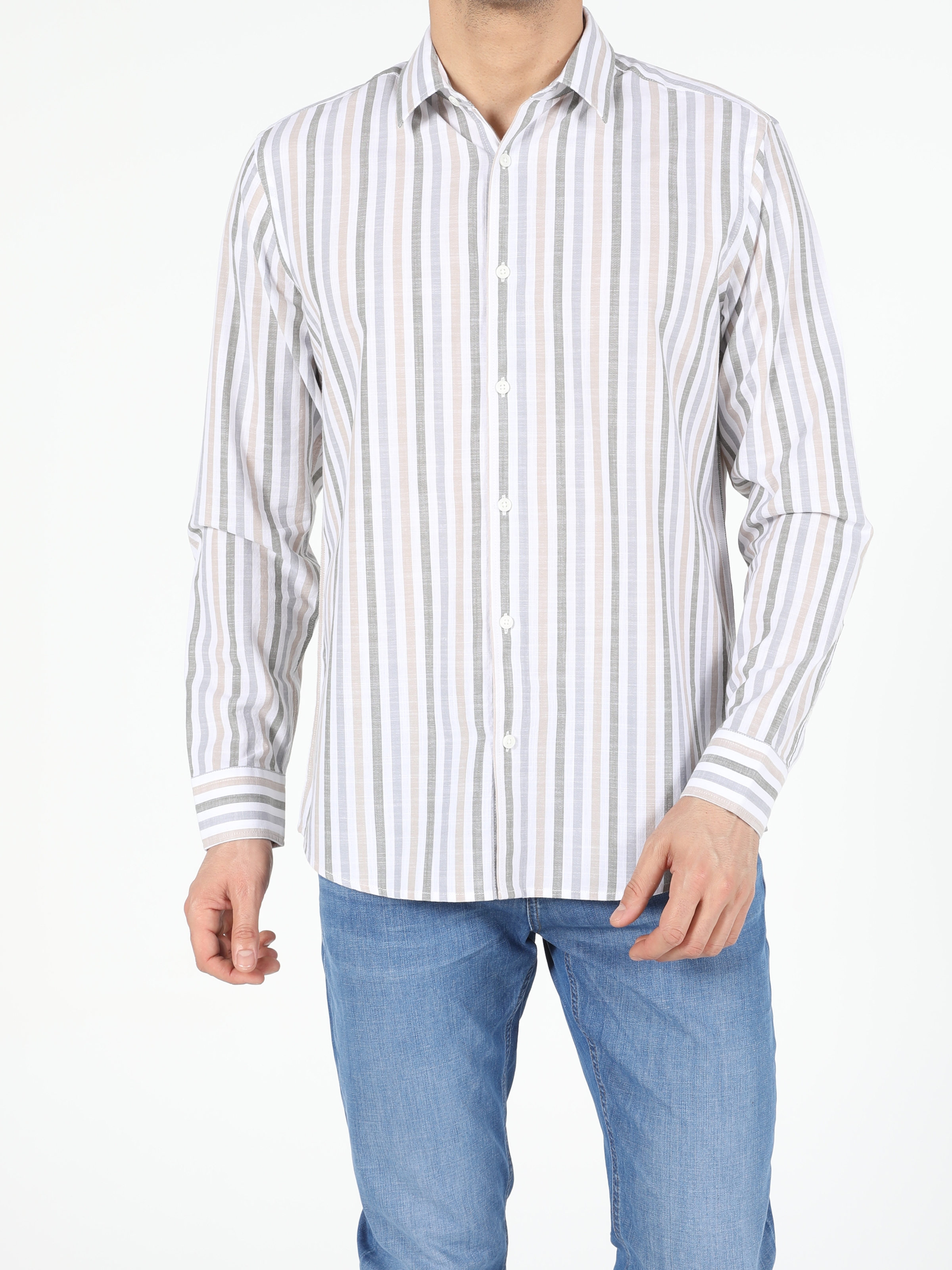 Colins Haki Regular Fit Shirt Neck Erkek Uzun Kol Gömlek. 1