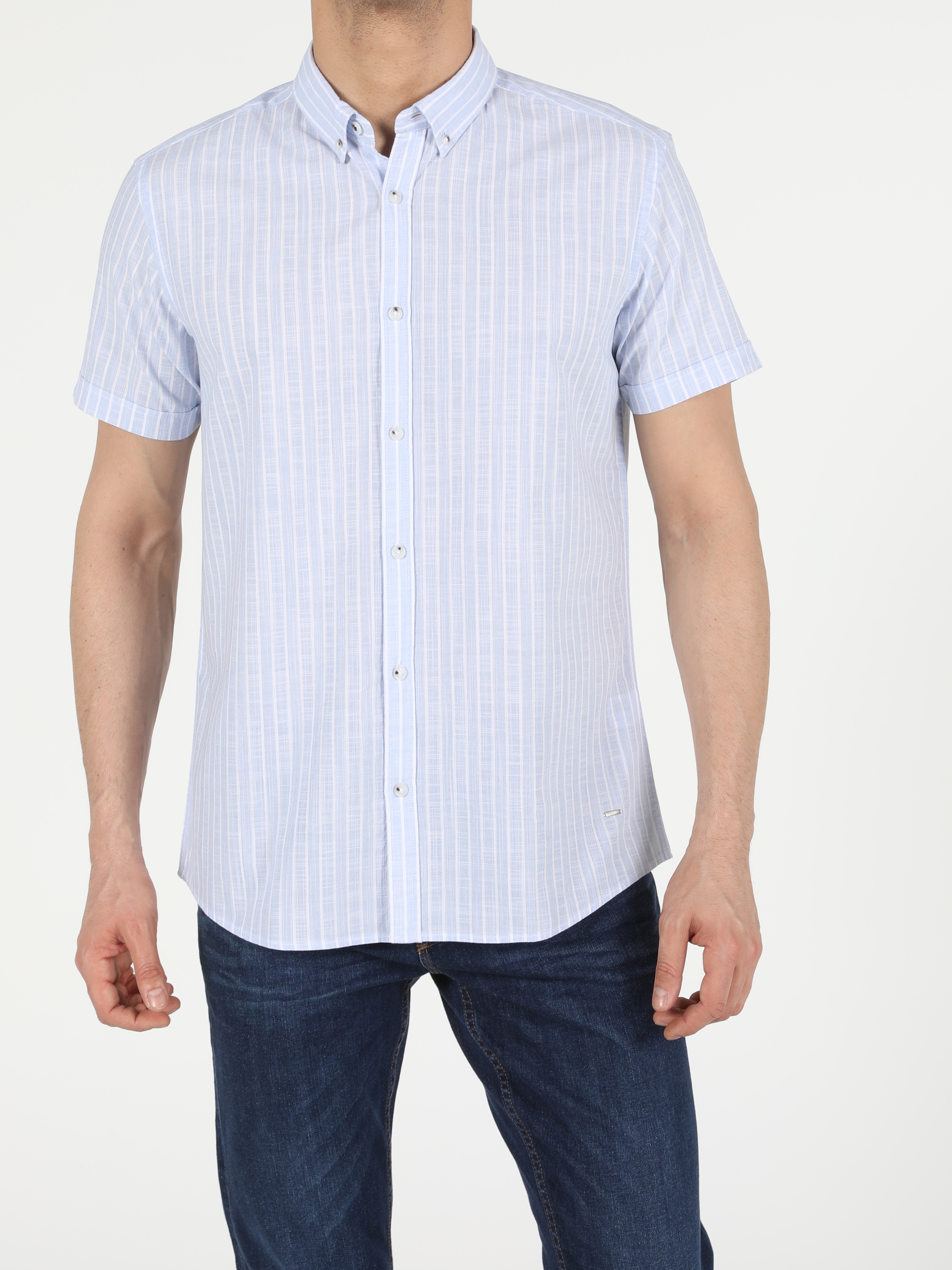 Colins Mavi Regular Fit Shirt Neck Erkek Kısa Kol Gömlek. 1
