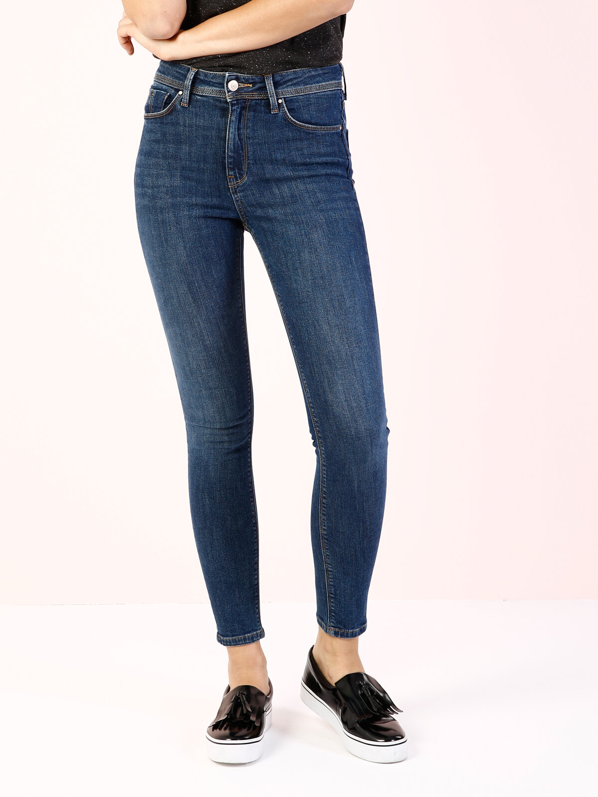 Super Slim Fit Yüksel Bel Dar Paça Kadın İndigo Jean Pantolon