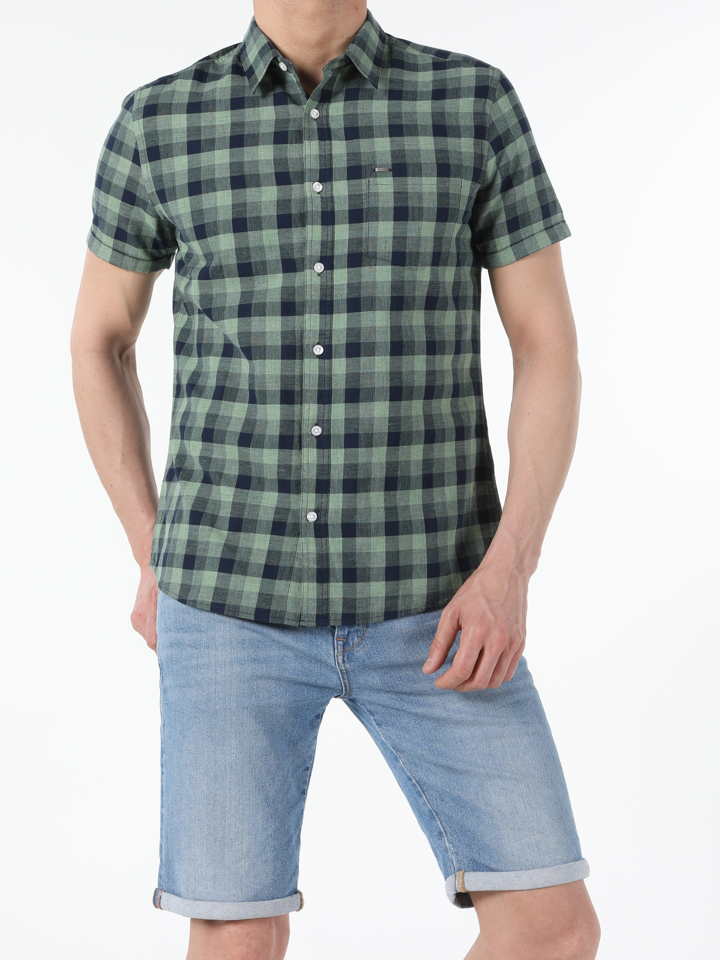 Colins Slim Fit Shirt Neck Erkek Yeşil Kısa Kol Gömlek. 2