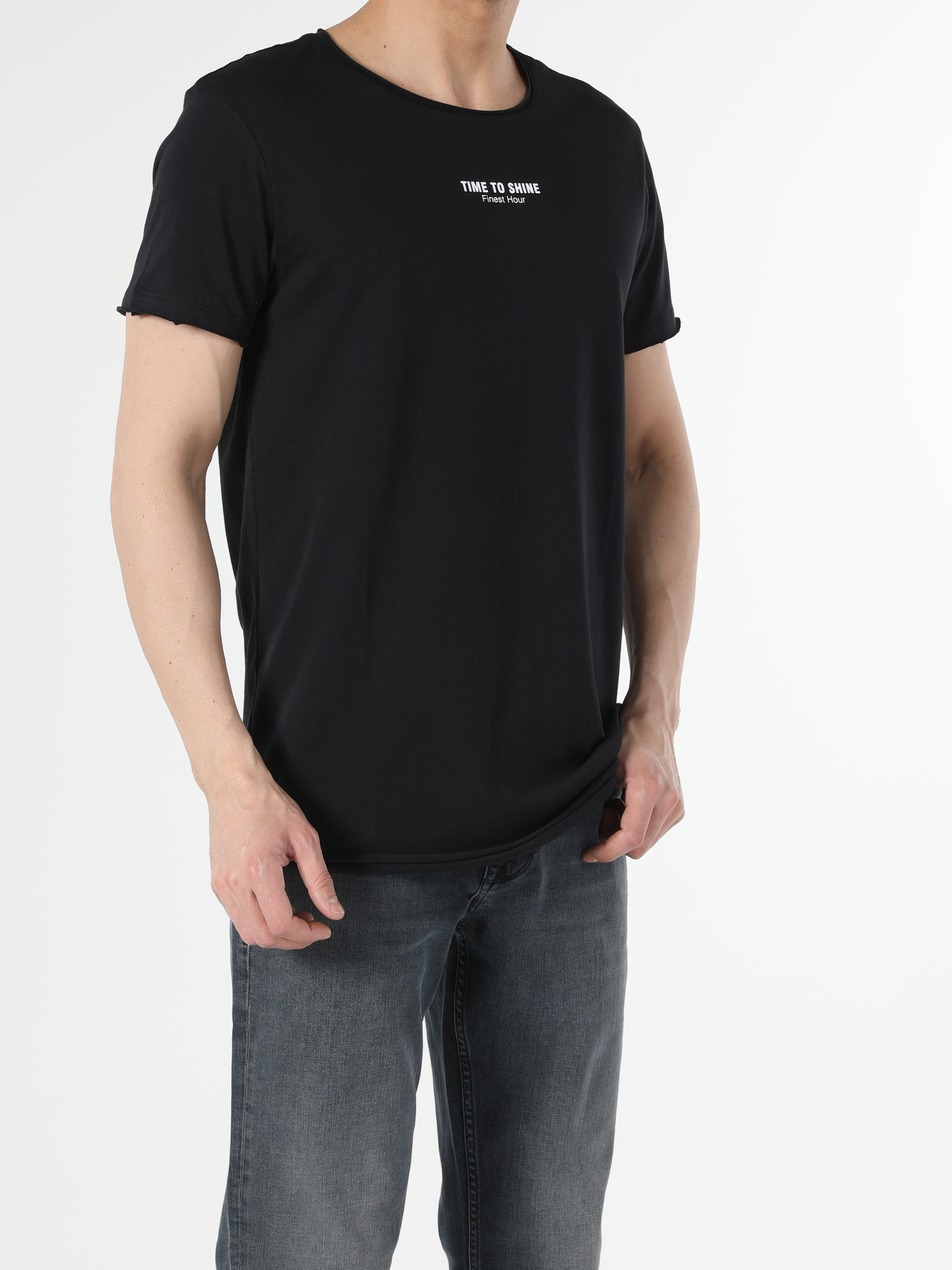 Long Fit Bisiklet Yaka Örme Erkek Siyah Kısa Kol Tişört Cl1053907