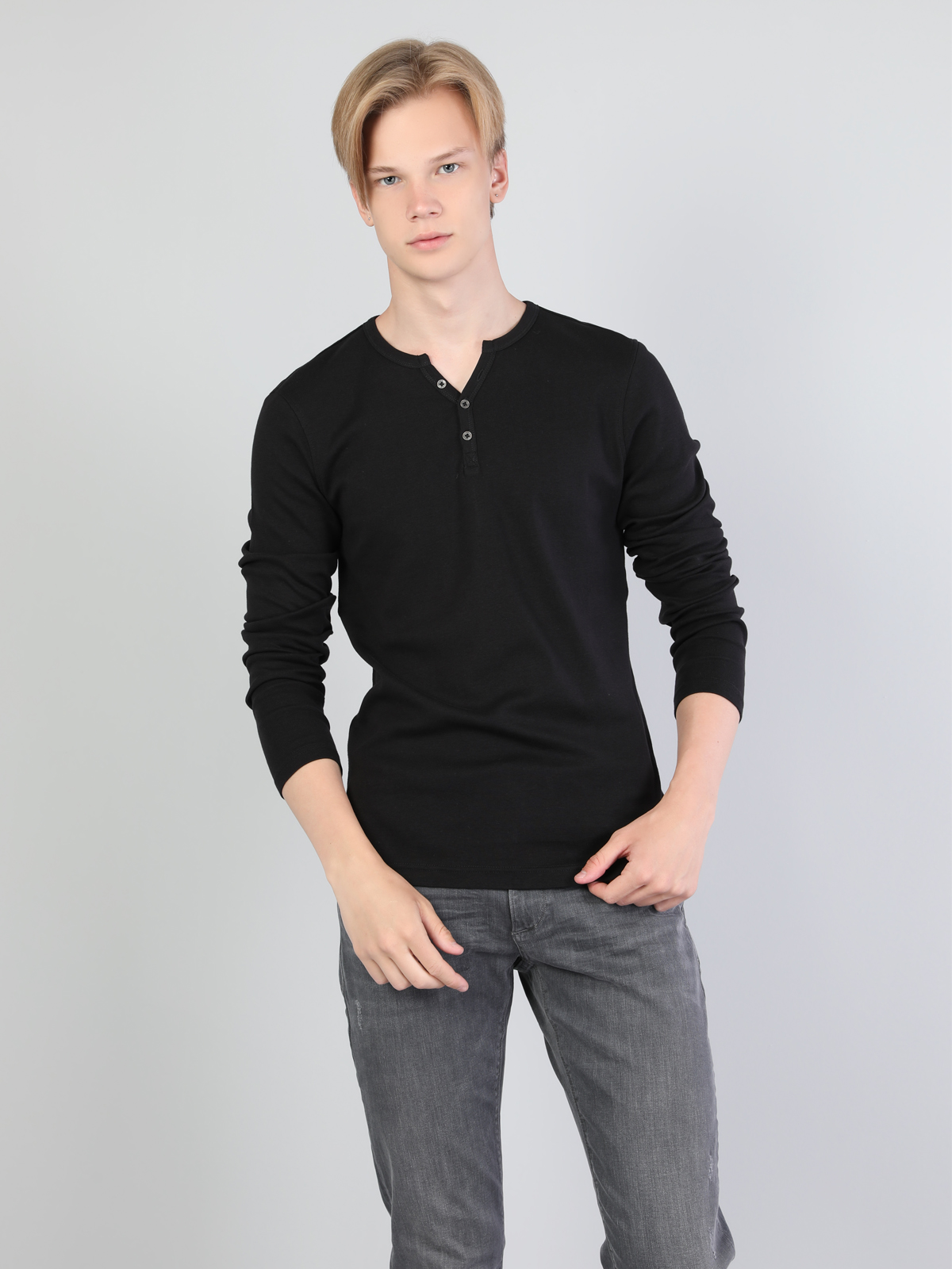 Slim Fit Placket Neck Düz Erkek Siyah Uzun Kol Tişört Cl1022847