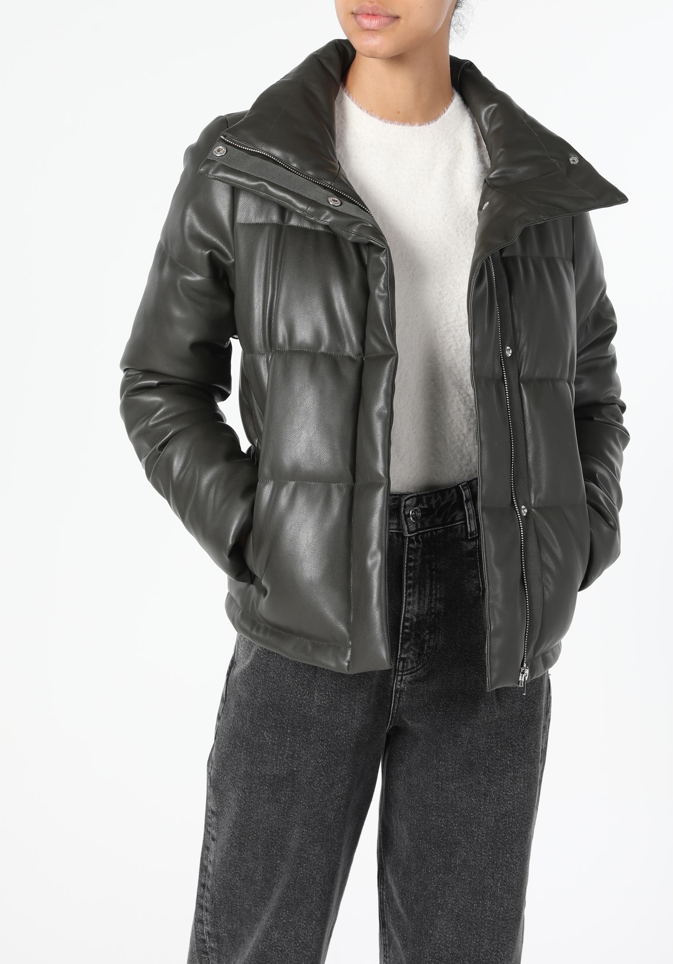 Regular Fit Şişme Haki Kadın Suni Deri Mont Pu