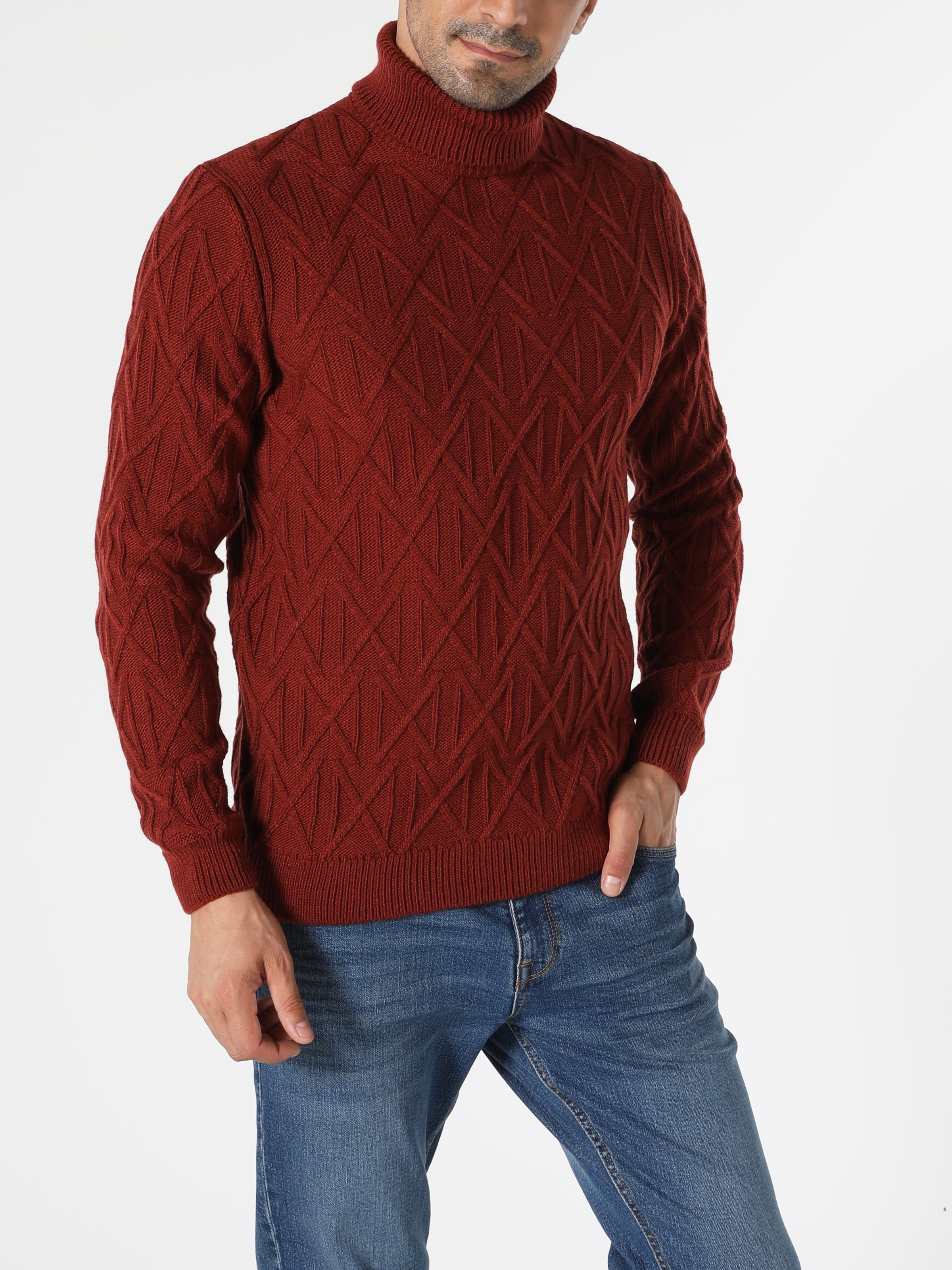 Slim Fit Balıkçı Yaka  Erkek Kahverengi Kazak