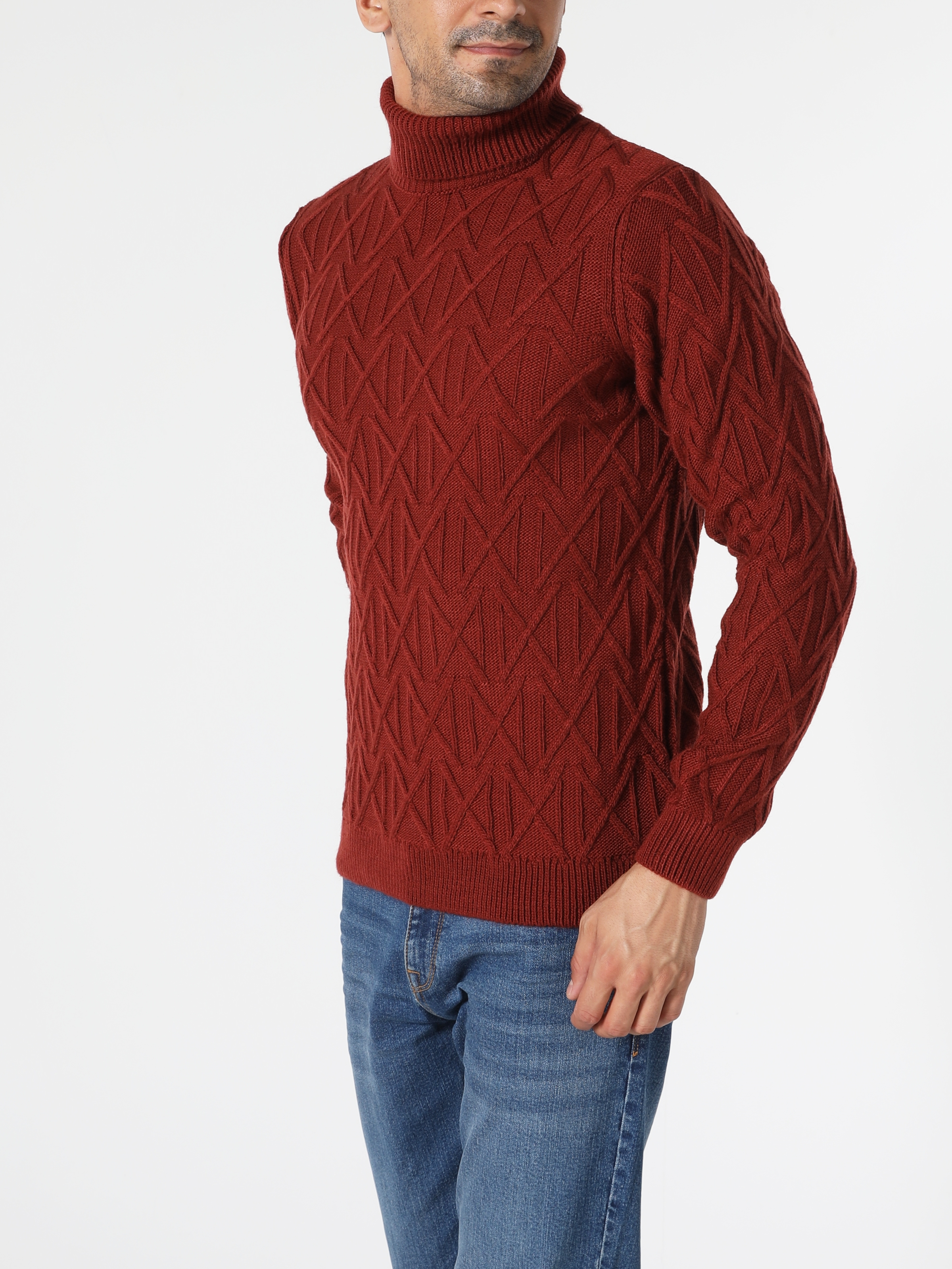 Slim Fit Balıkçı Yaka  Erkek Kahverengi Kazak