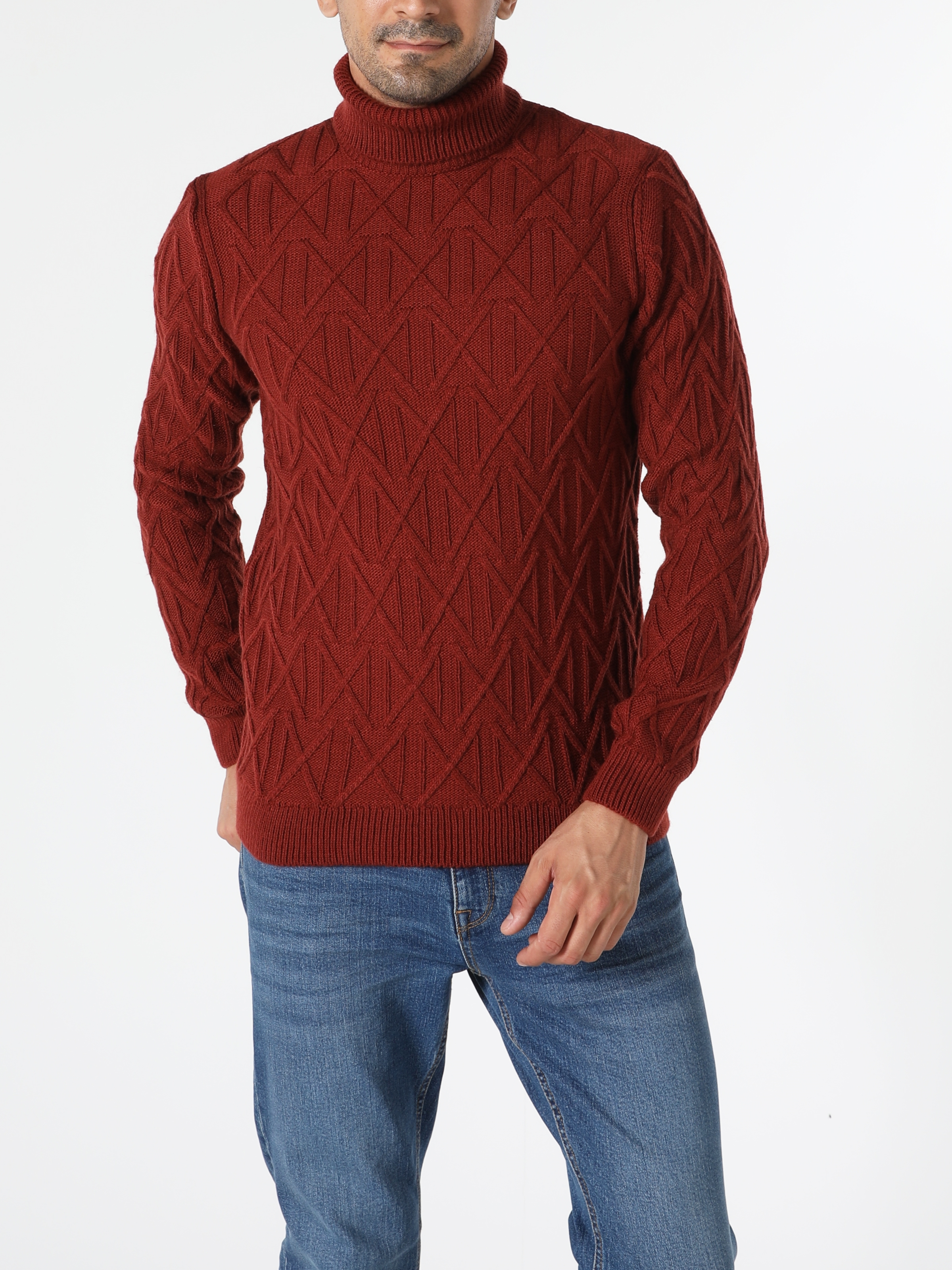 Slim Fit Balıkçı Yaka  Erkek Kahverengi Kazak