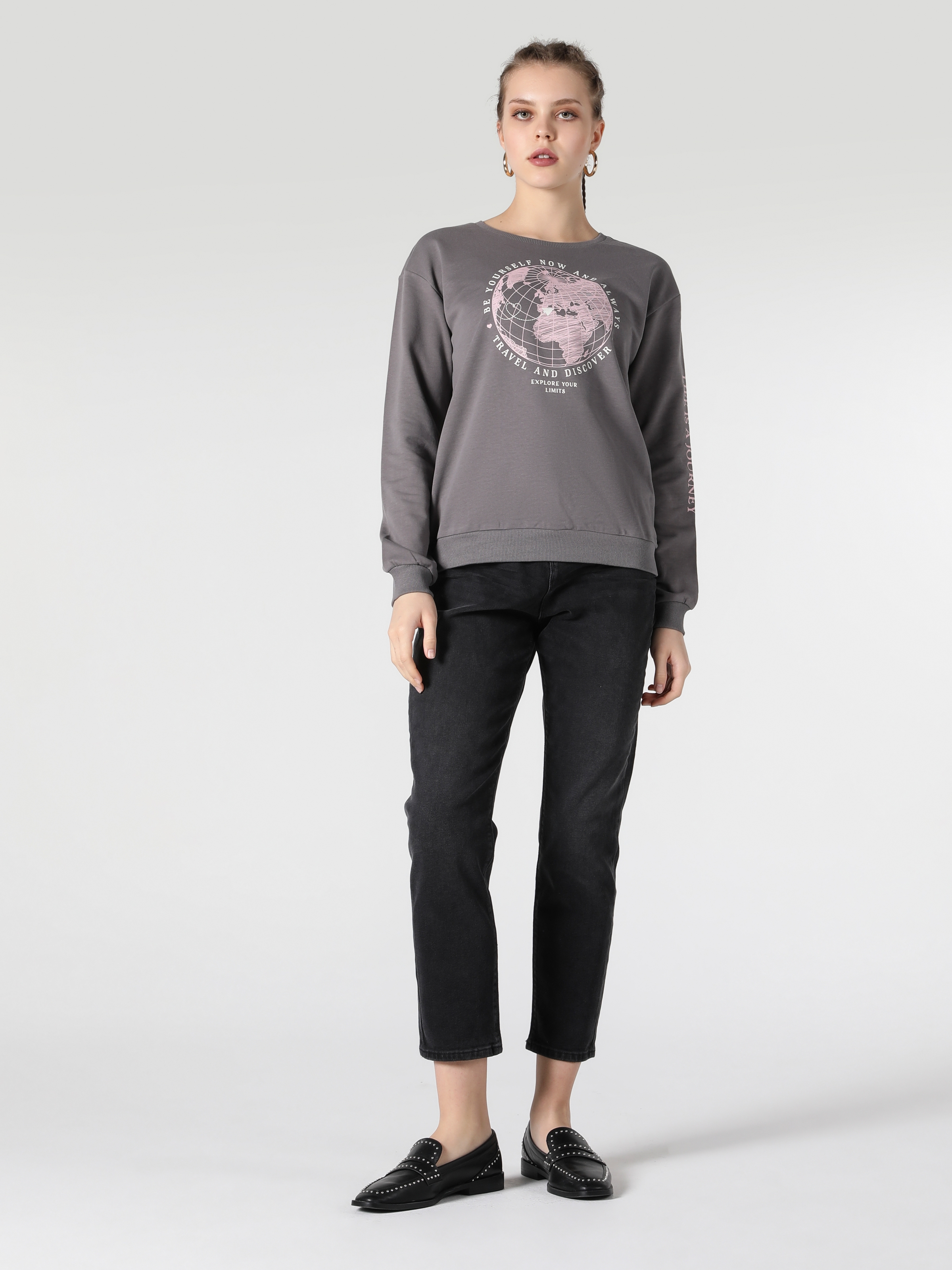 Regular Fit Baskılı Antrasit Kadın Sweatshirt