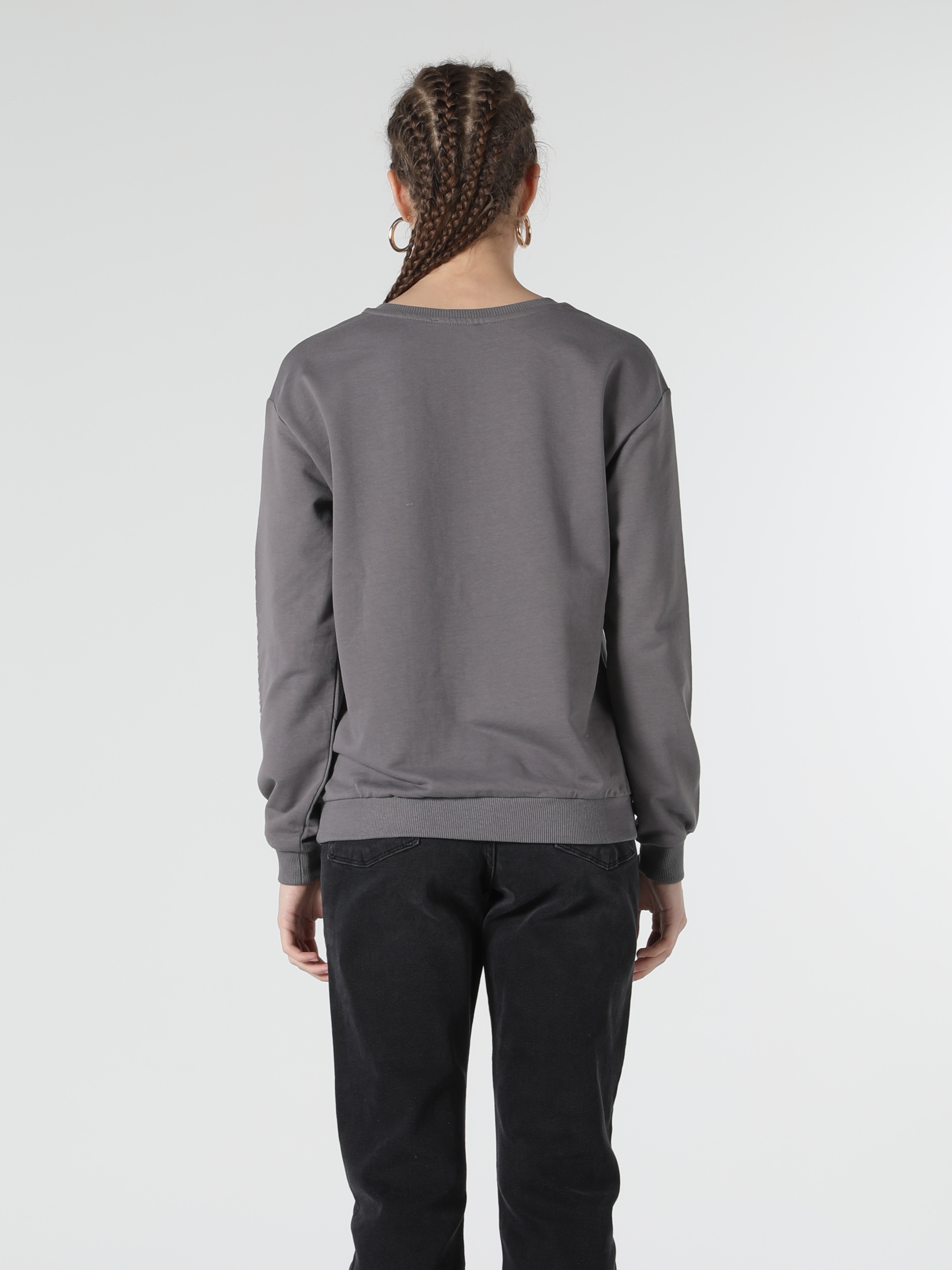 Regular Fit Baskılı Antrasit Kadın Sweatshirt