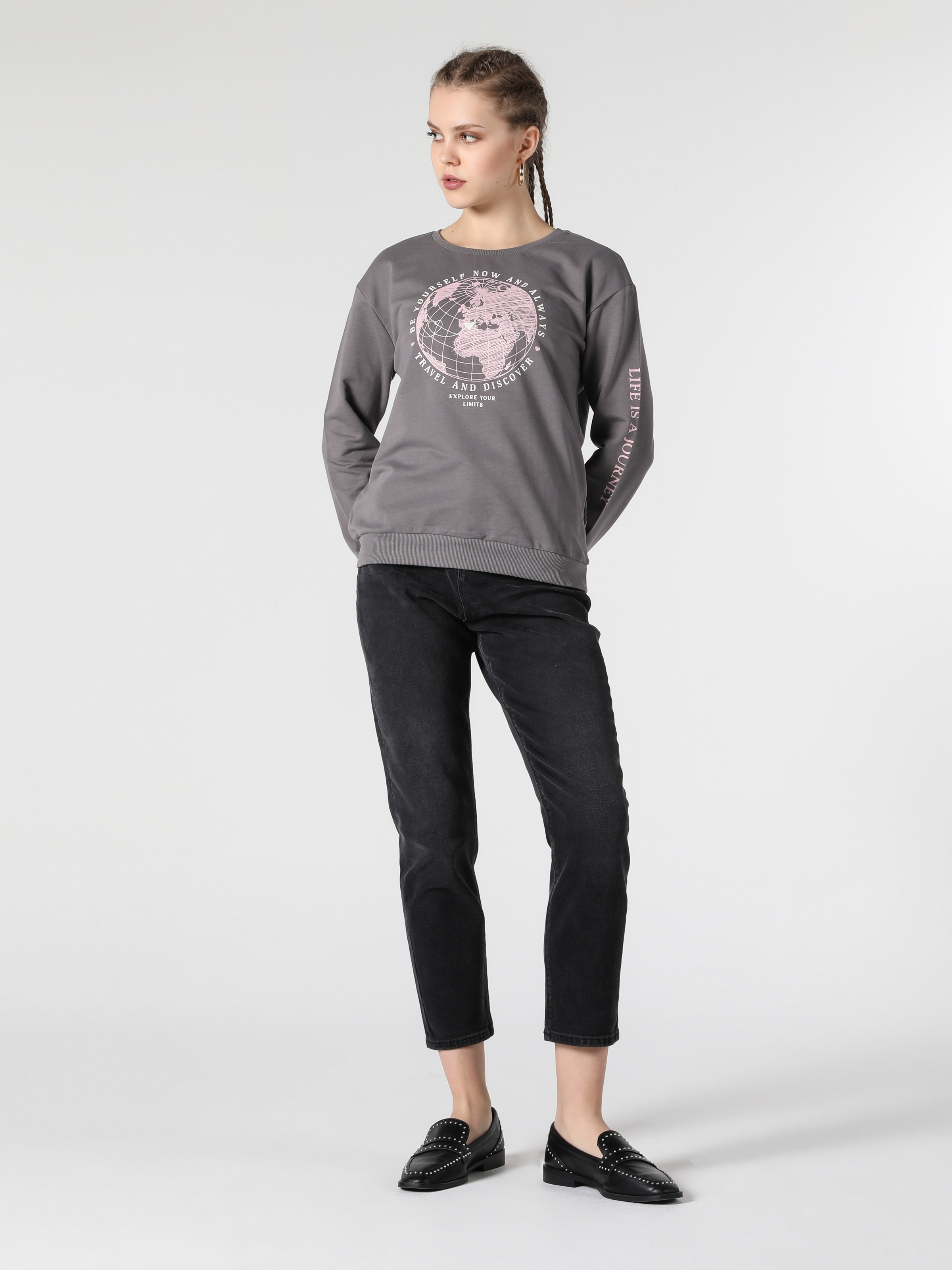 Regular Fit Baskılı Antrasit Kadın Sweatshirt