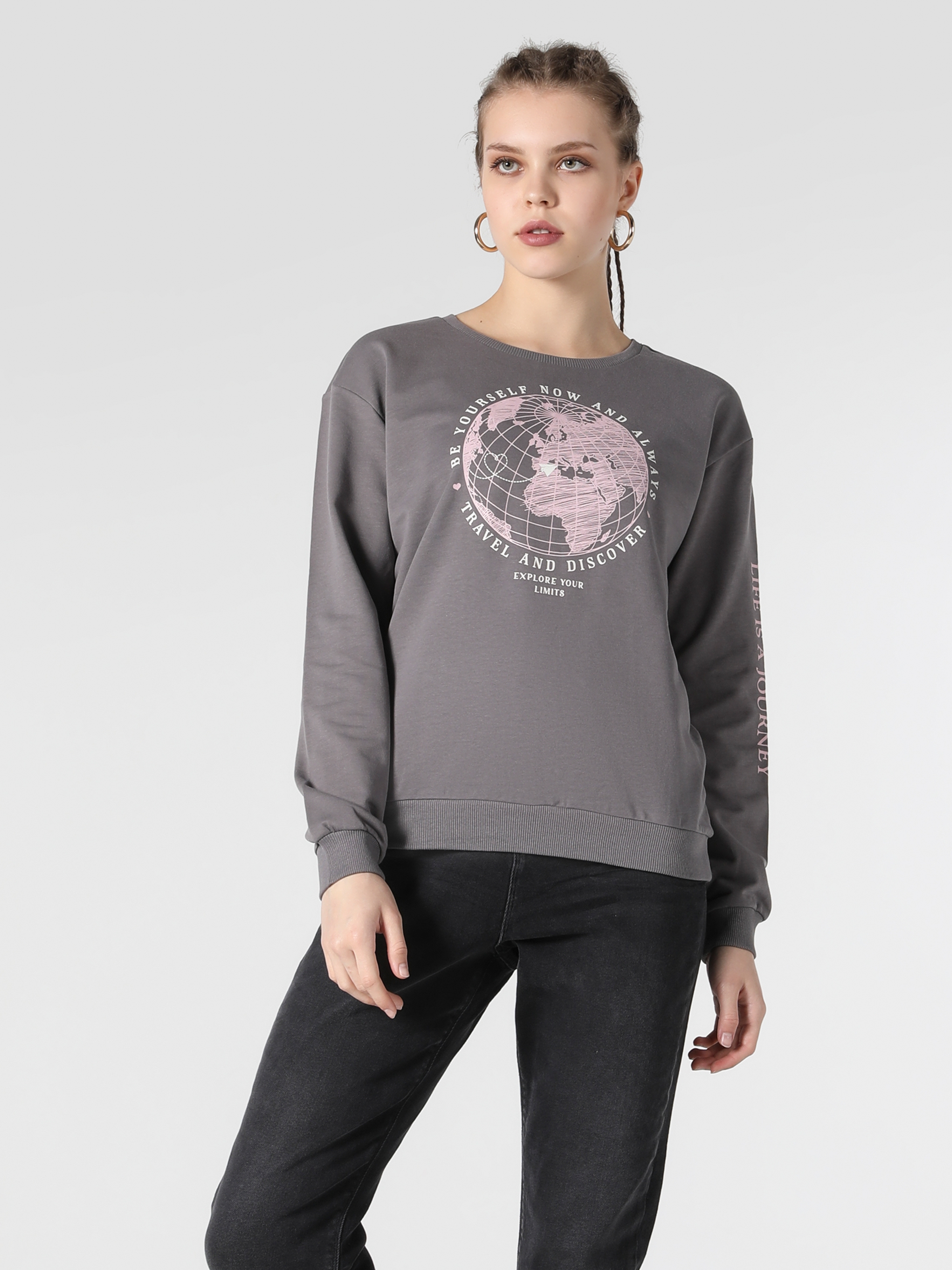 Regular Fit Baskılı Antrasit Kadın Sweatshirt