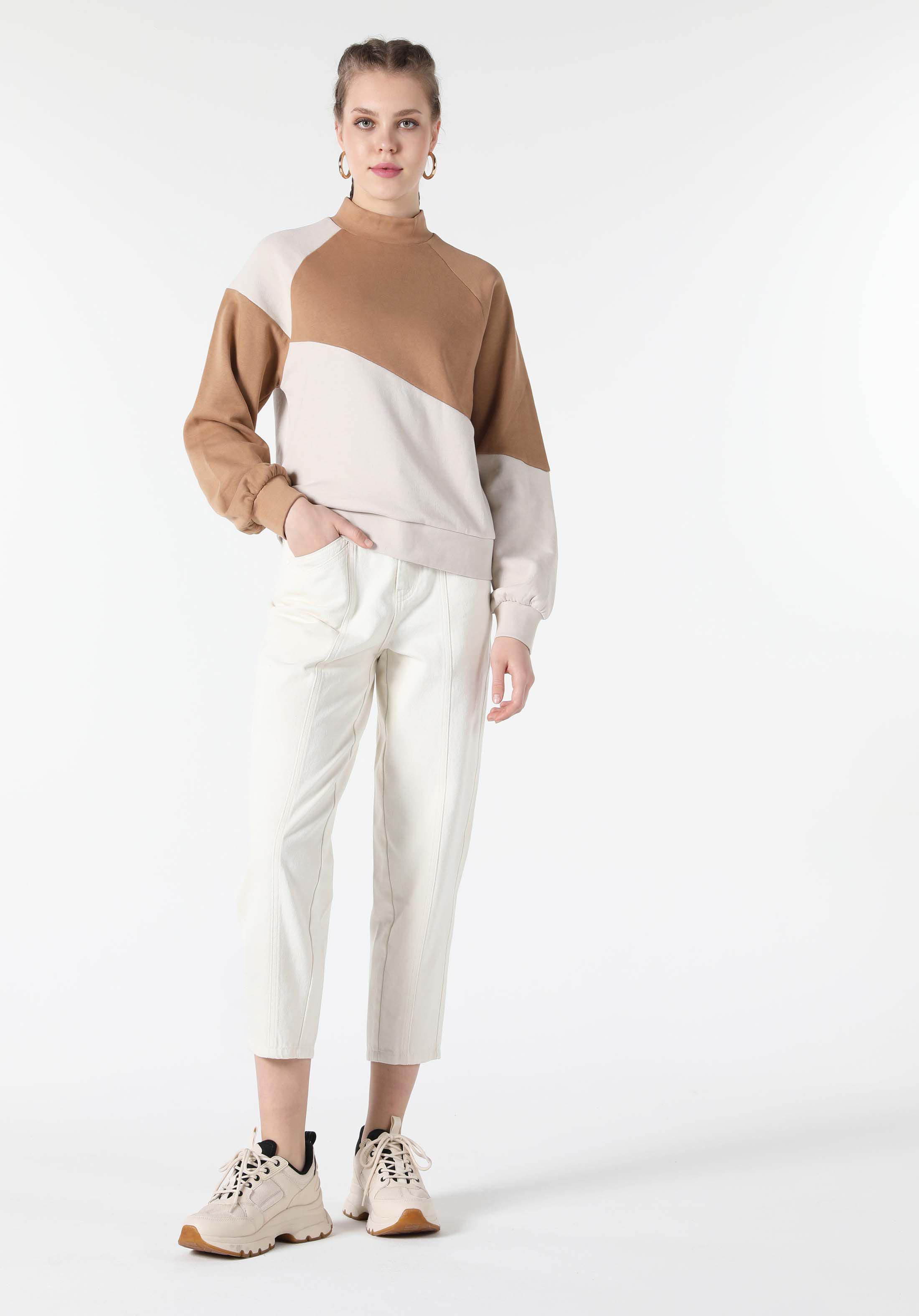 Regular Fit Balıkçı Yaka İki Renkli Bej Kadın Sweatshirt