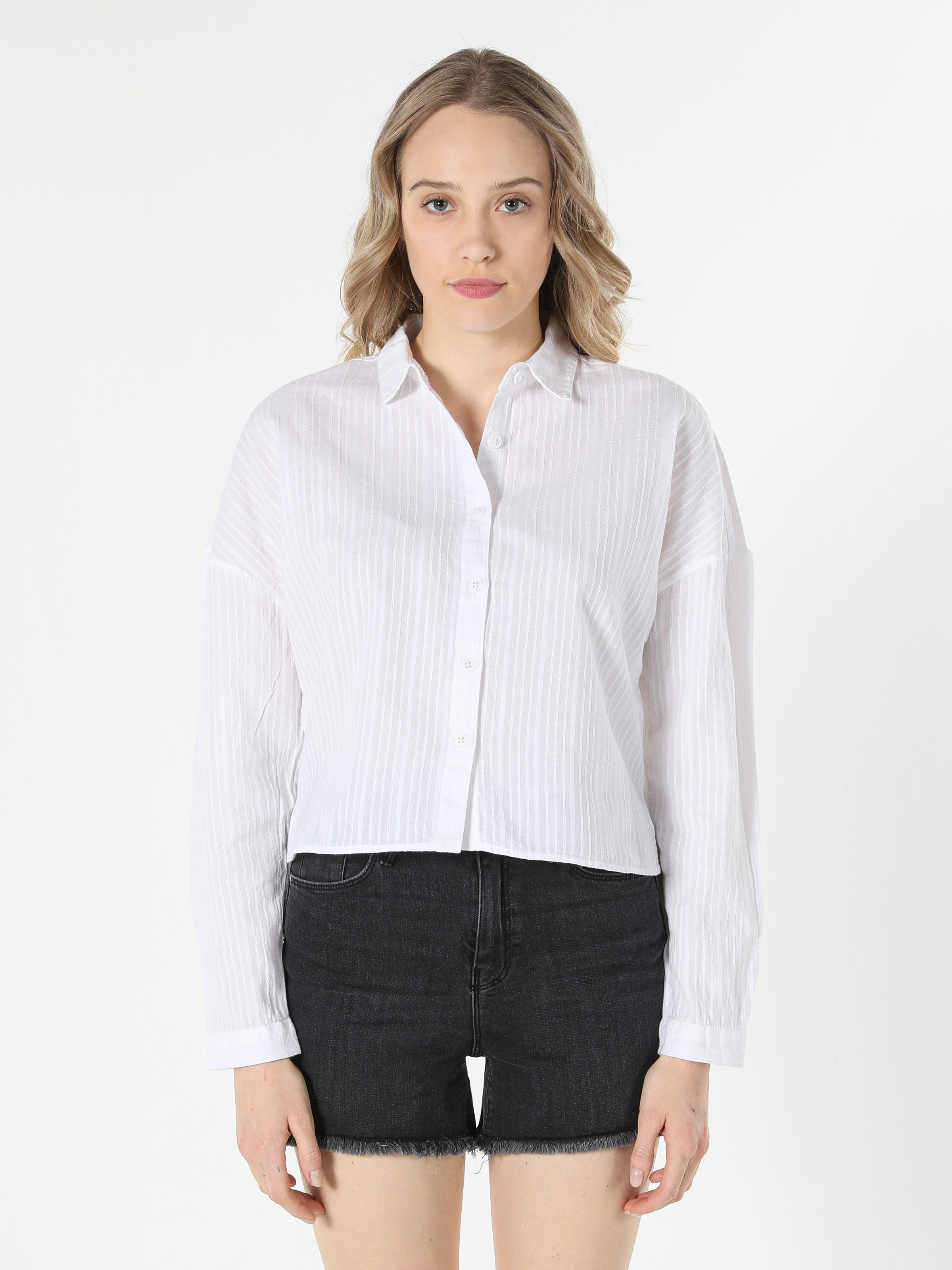 Regular Fit Shirt Neck  Kadın Beyaz Uzun Kol Gömlek Cl1057687