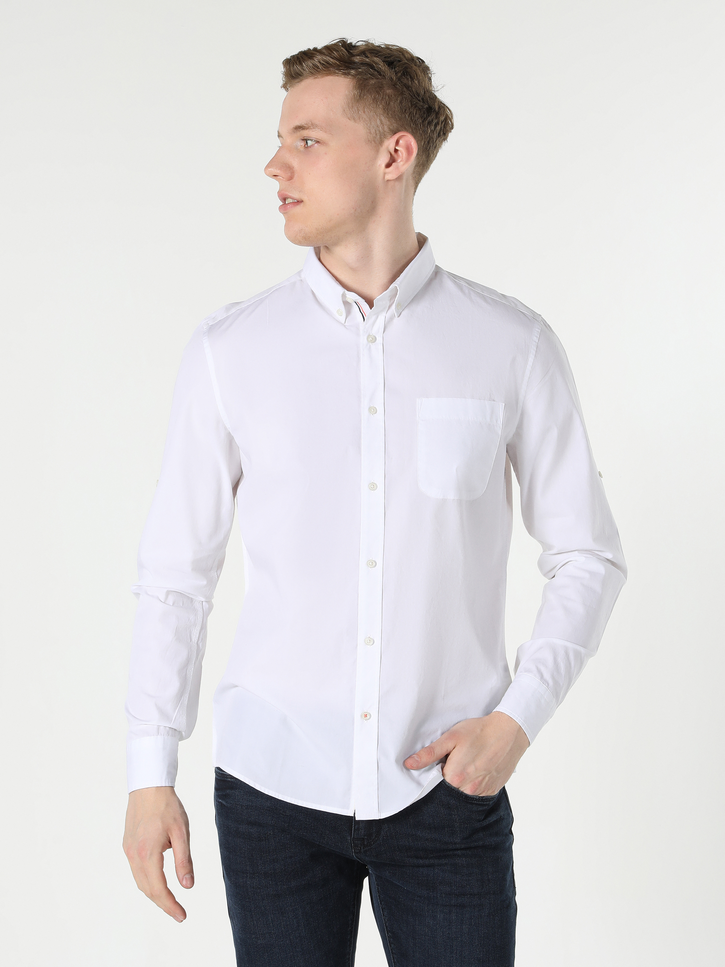 Slim Fit Shirt Neck  Erkek Beyaz Roll-up Gömlek Cl1053799