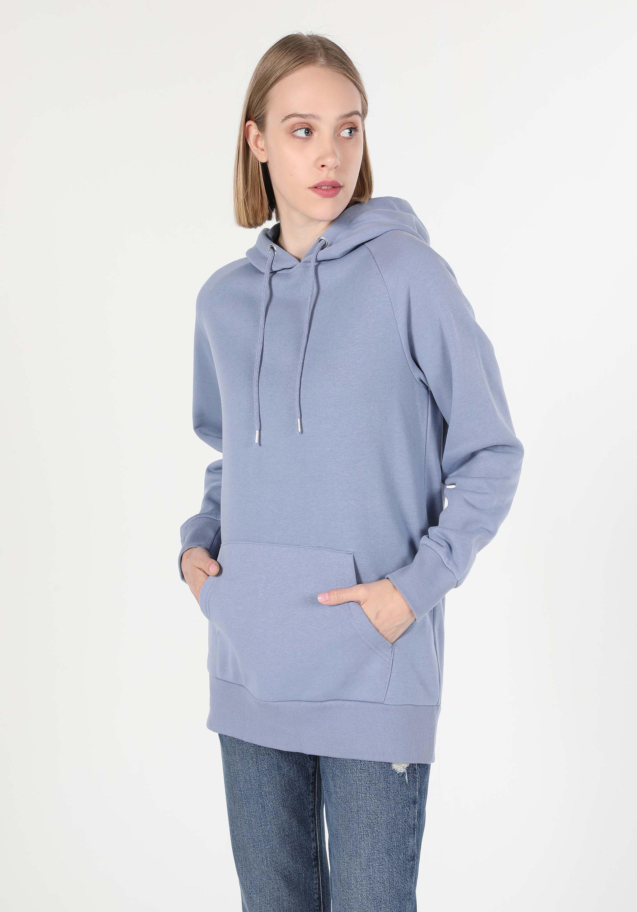 Regular Fit Kapüşonlu Düz Kadın Mor Sweatshirt