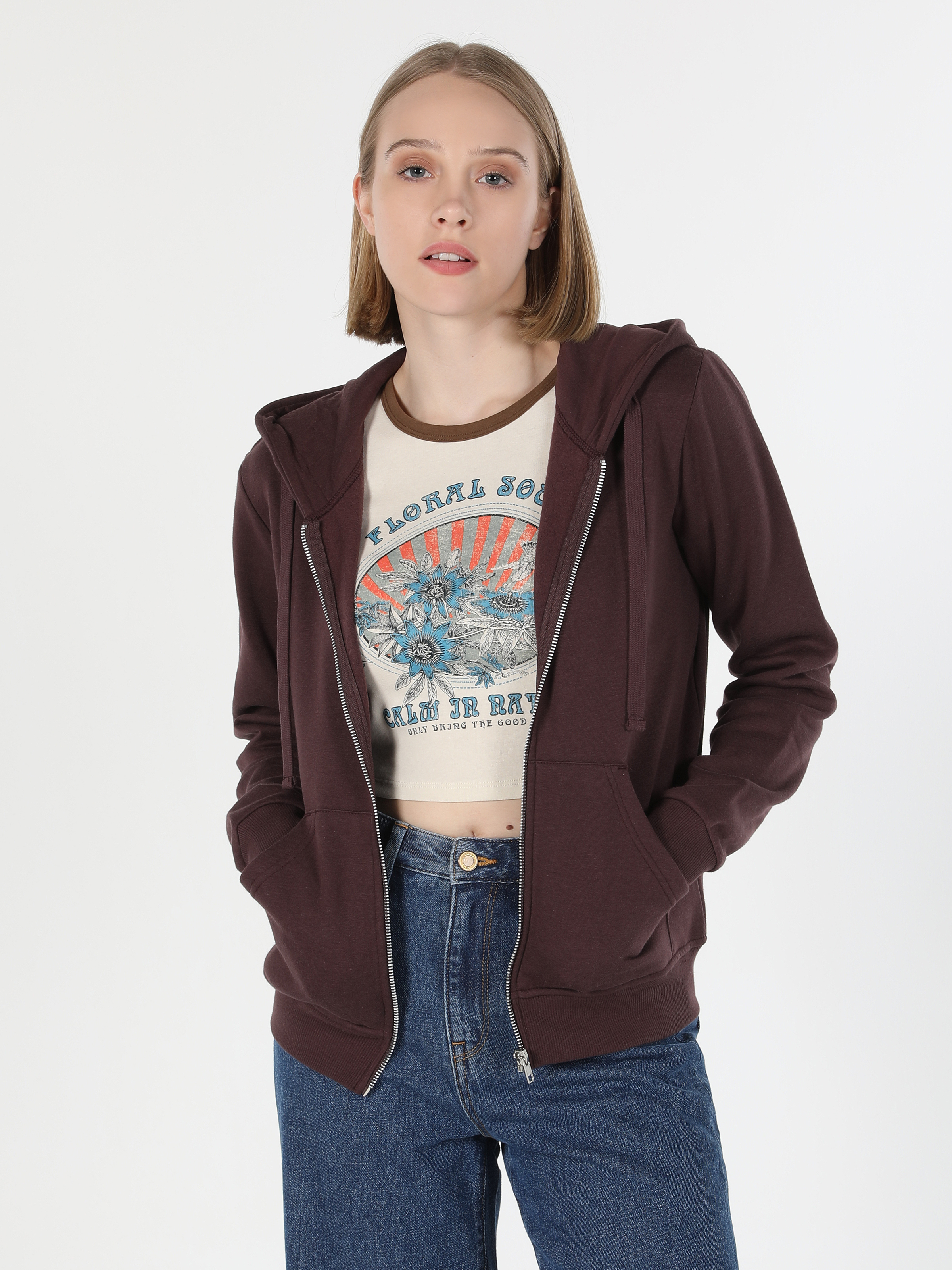 Regular Fit Kapüşonlu Düz Kadın Kahverengi Sweatshirt