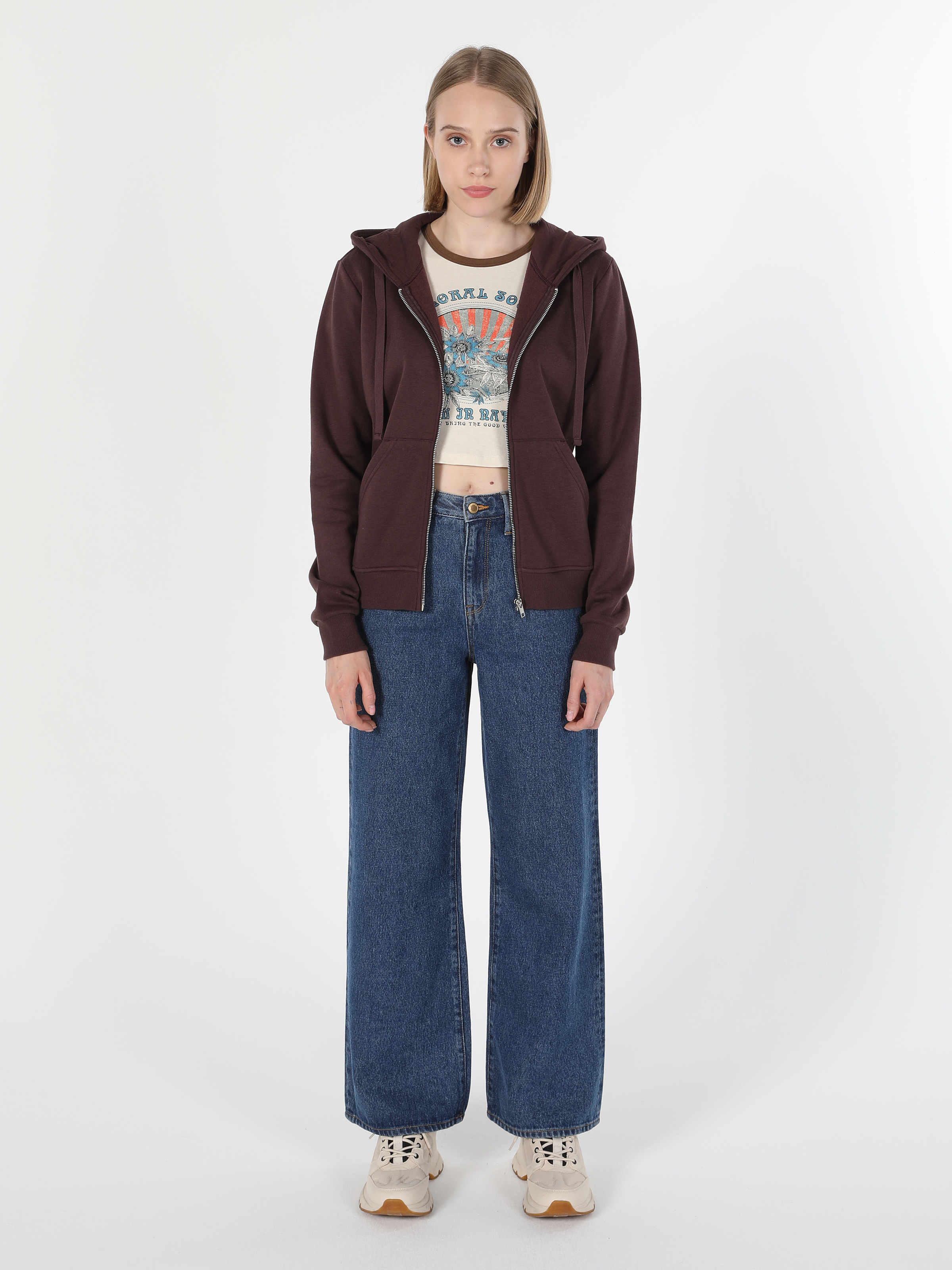 Regular Fit Kapüşonlu Düz Kadın Kahverengi Sweatshirt