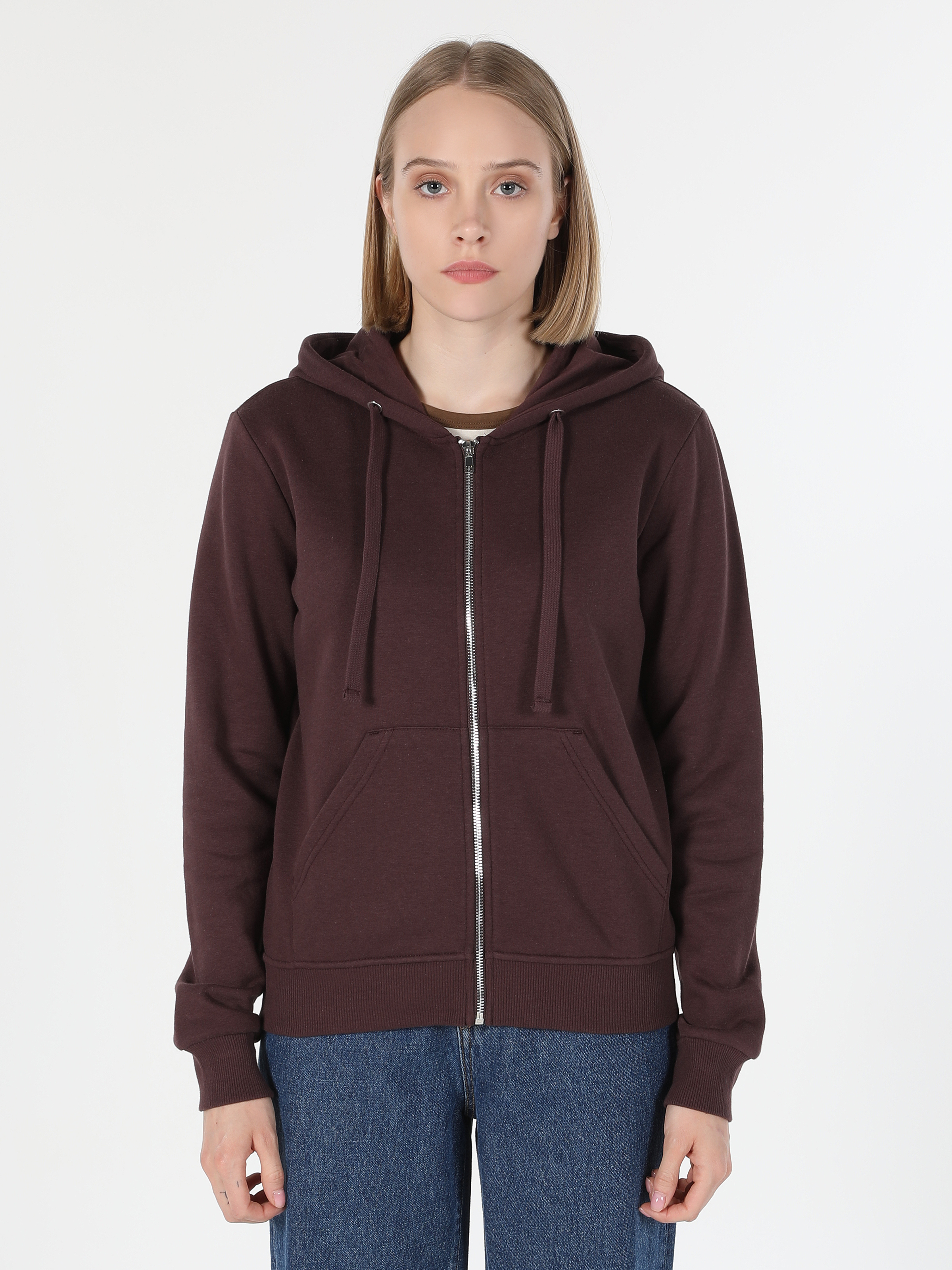 Regular Fit Kapüşonlu Düz Kadın Kahverengi Sweatshirt