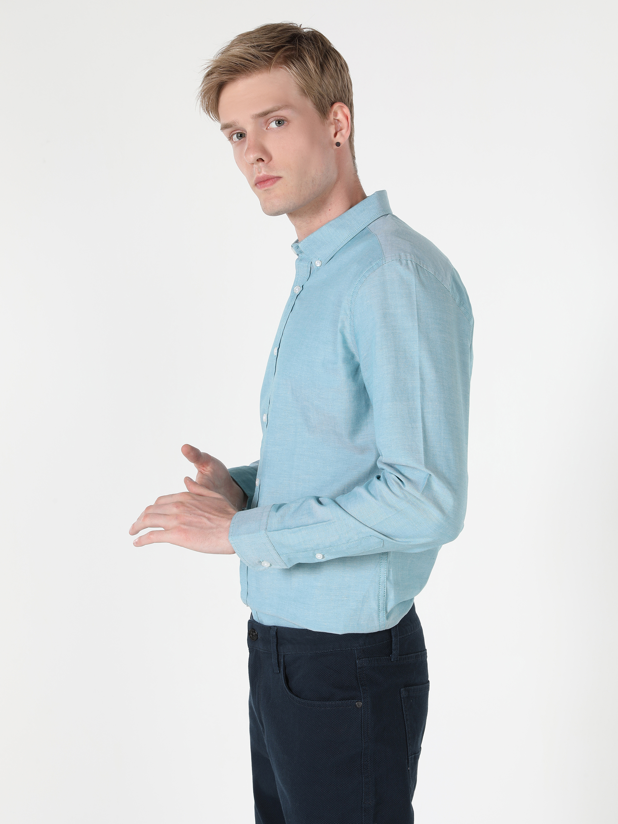 Slim Fit Shirt Neck Düz Erkek Yeşil Uzun Kol Gömlek