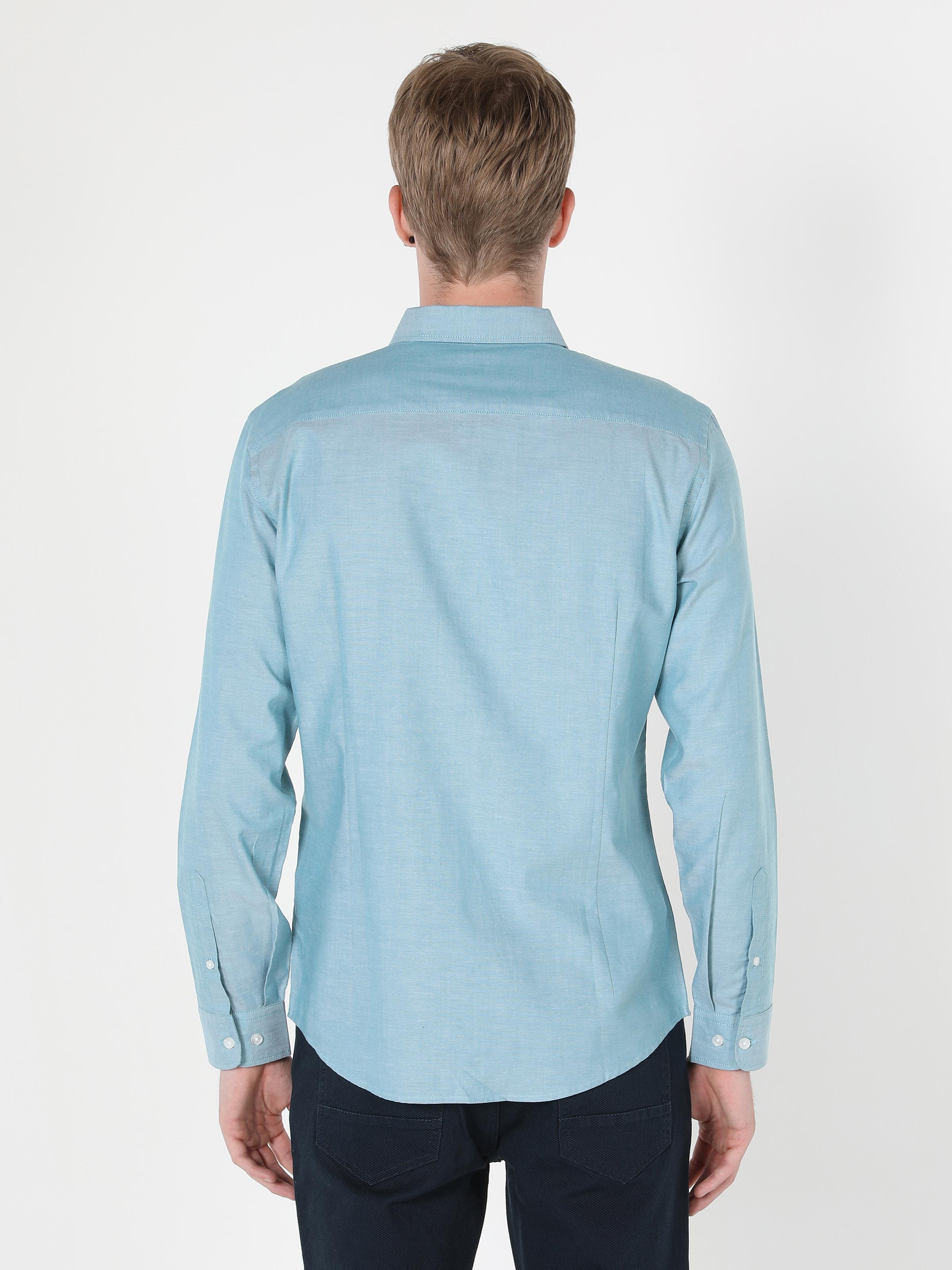 Slim Fit Shirt Neck Düz Erkek Yeşil Uzun Kol Gömlek